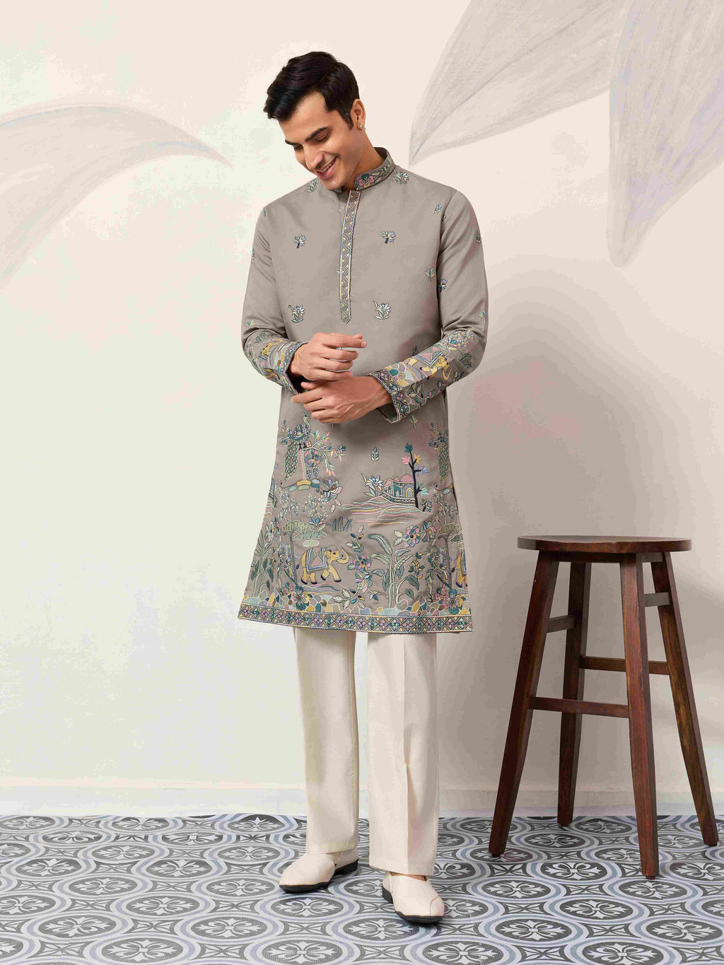 Wedding Traditional Look Grey Kurta for Mens Wear