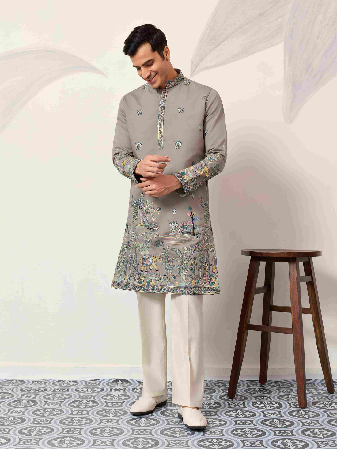 Wedding Traditional Look Grey Kurta for Mens Wear