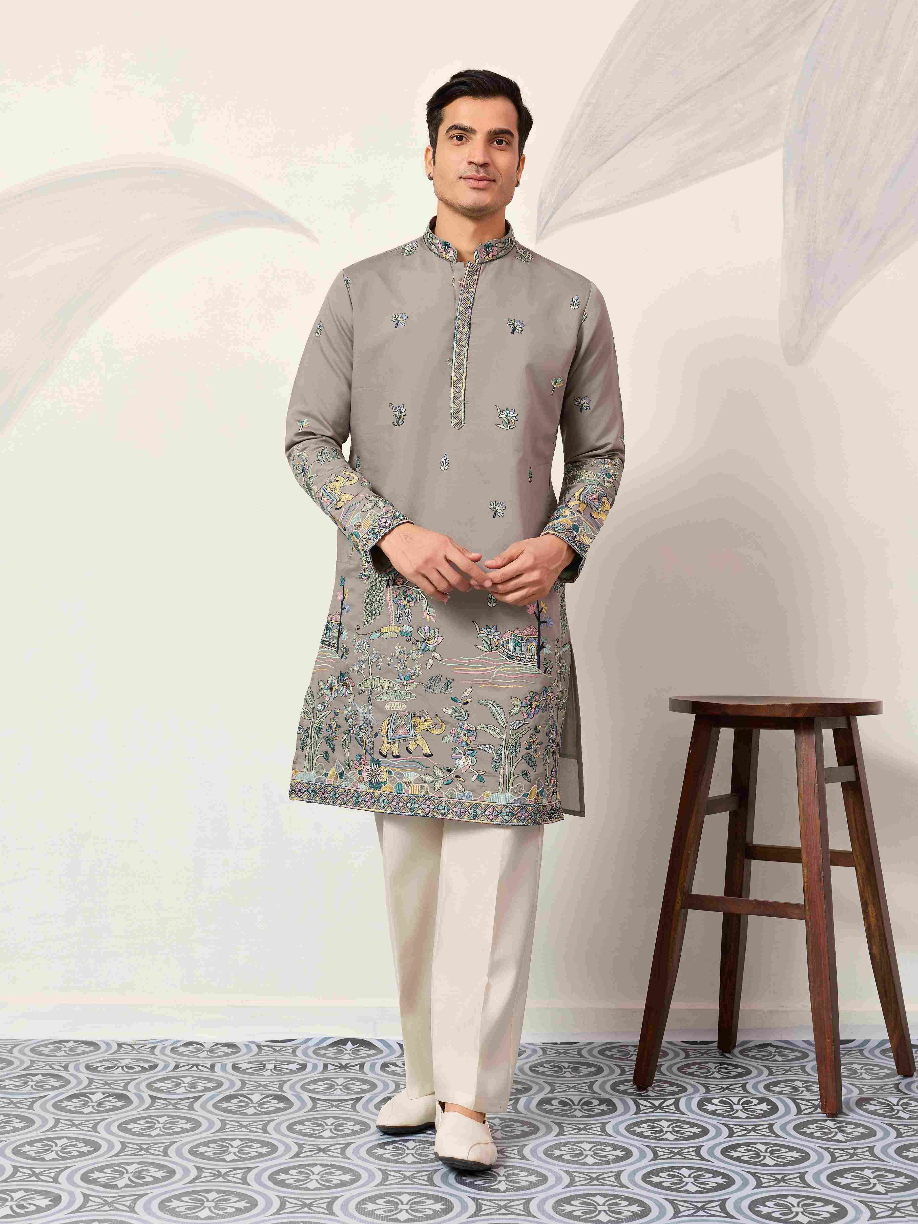 Wedding Traditional Look Grey Kurta for Mens Wear