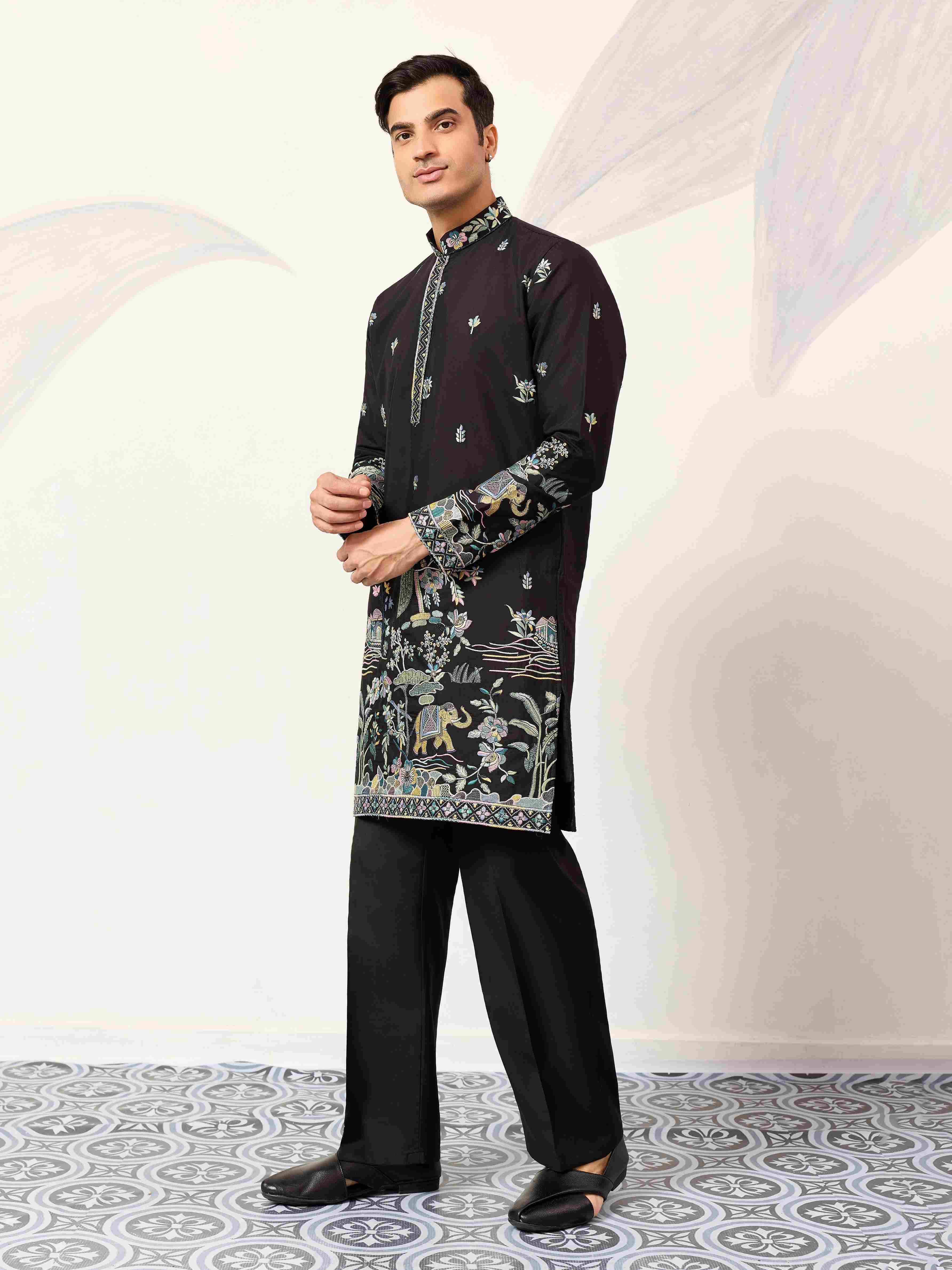 Special Wedding Celebration Ethnic Black Kurta for Mens Wear