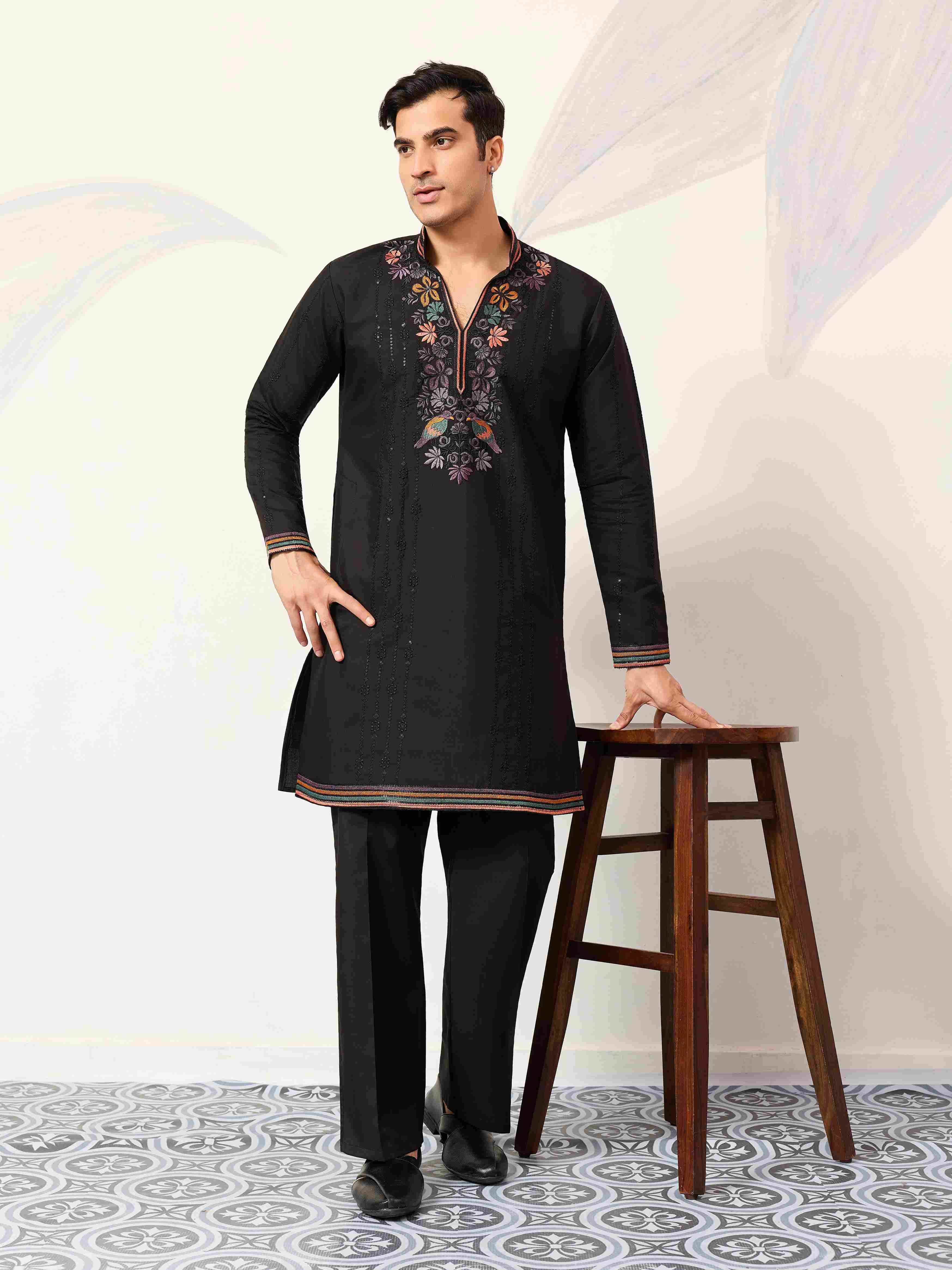 Party Wear Black V Neck Style Kurta Pant for Mens Wear