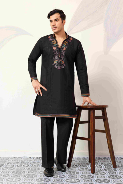 Party Wear Black V Neck Style Kurta Pant for Mens Wear