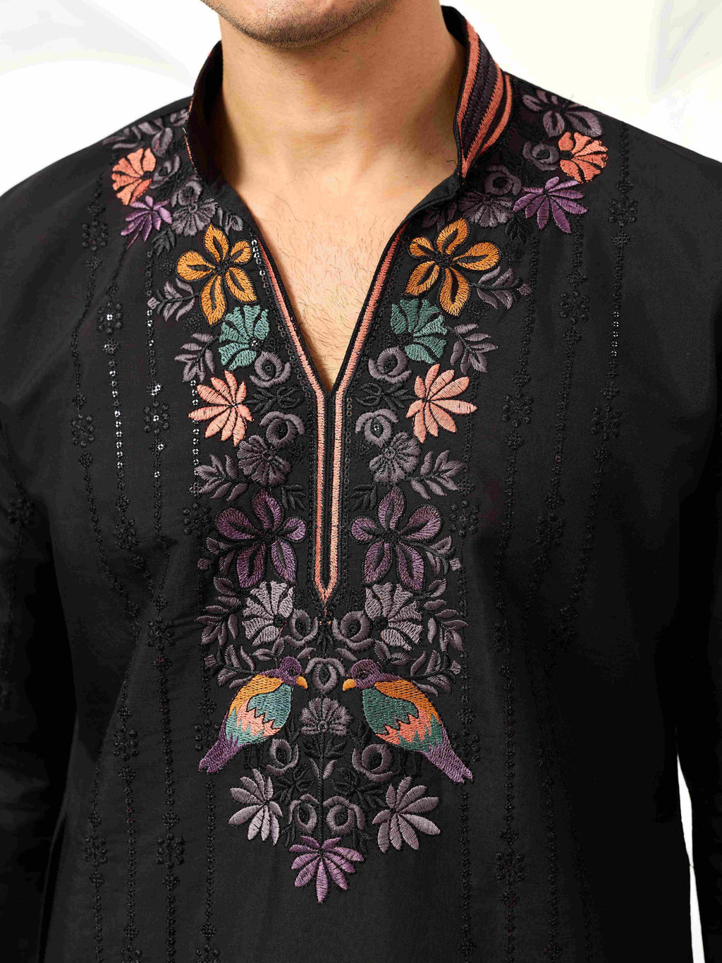 Party Wear Black V Neck Style Kurta Pant for Mens Wear