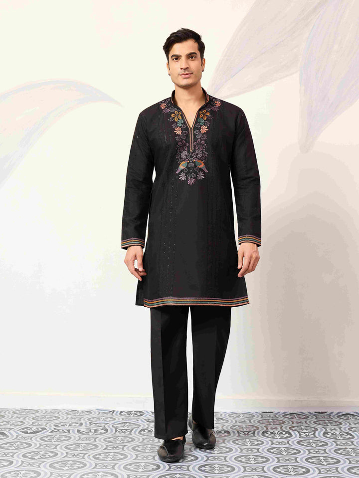 Party Wear Black V Neck Style Kurta Pant for Mens Wear