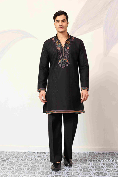 Party Wear Black V Neck Style Kurta Pant for Mens Wear