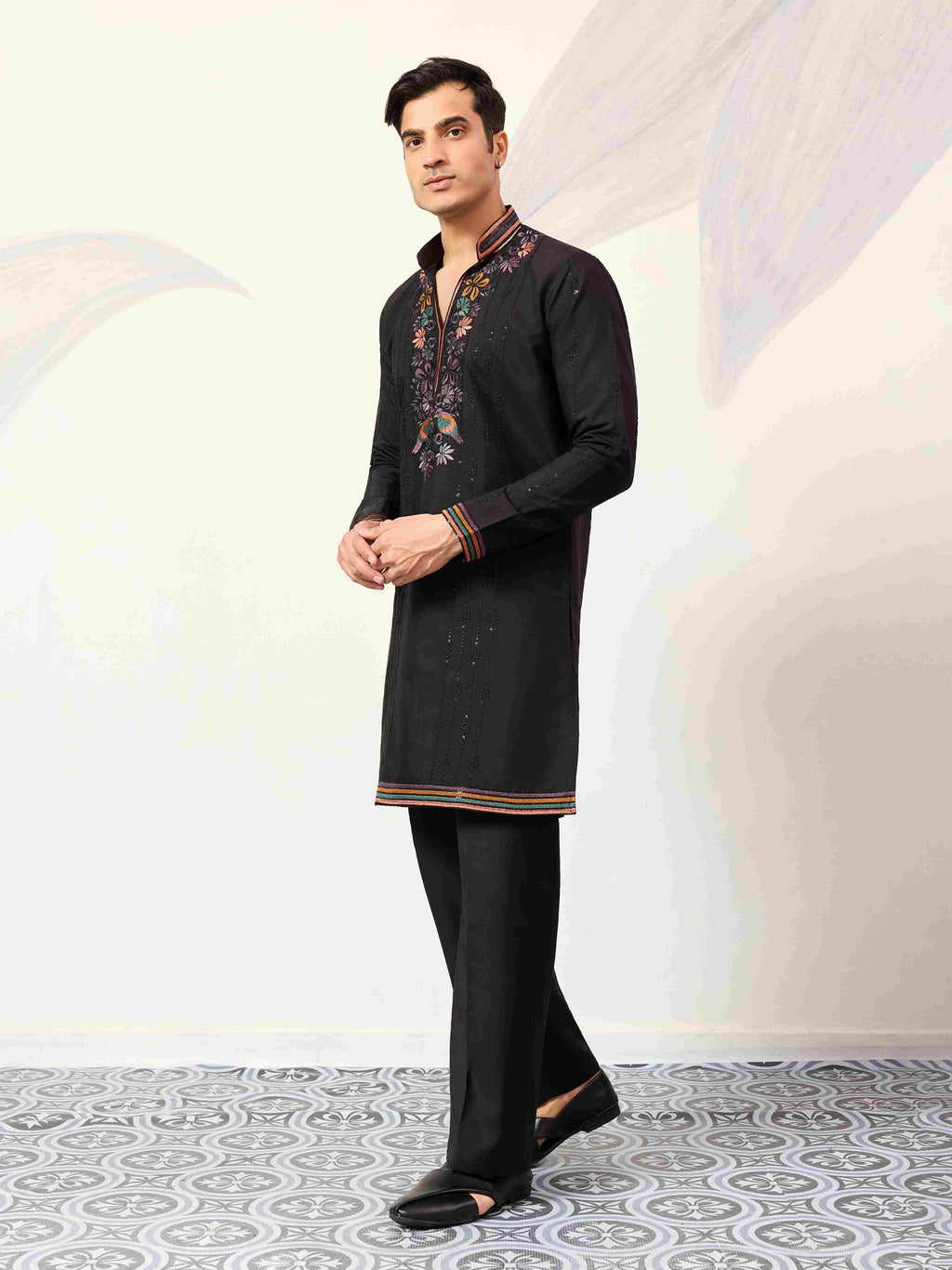 Party Wear Black V Neck Style Kurta Pant for Mens Wear