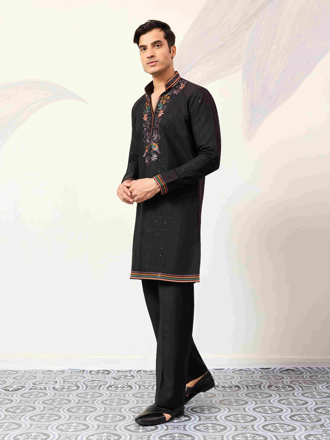 Party Wear Black V Neck Style Kurta Pant for Mens Wear