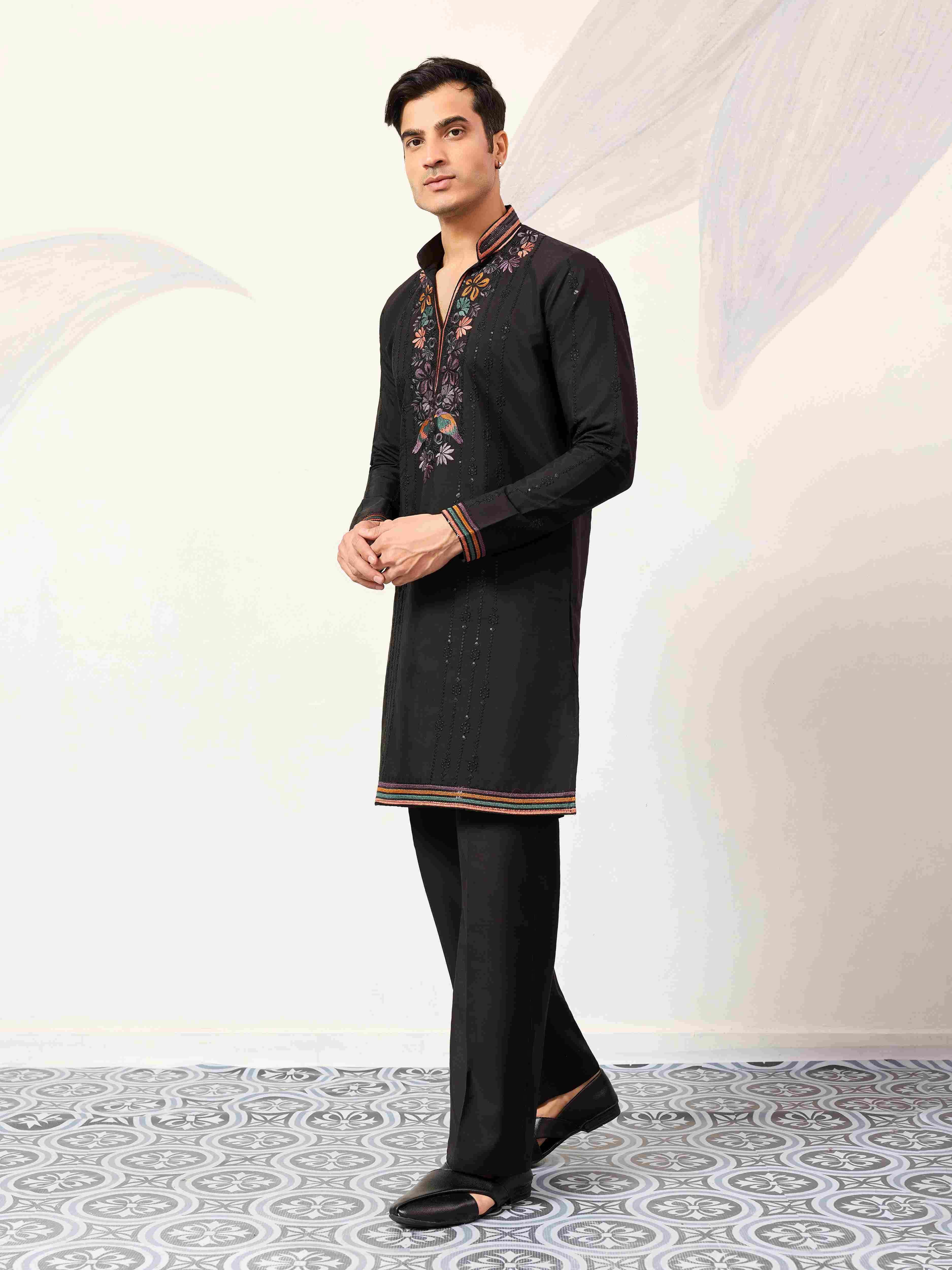 Party Wear Black V Neck Style Kurta Pant for Mens Wear