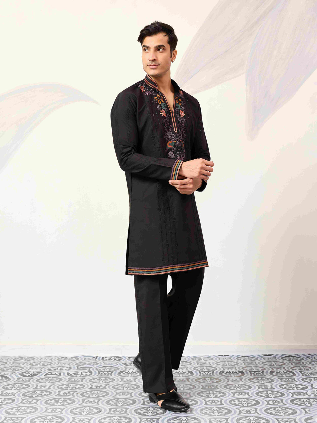 Party Wear Black V Neck Style Kurta Pant for Mens Wear