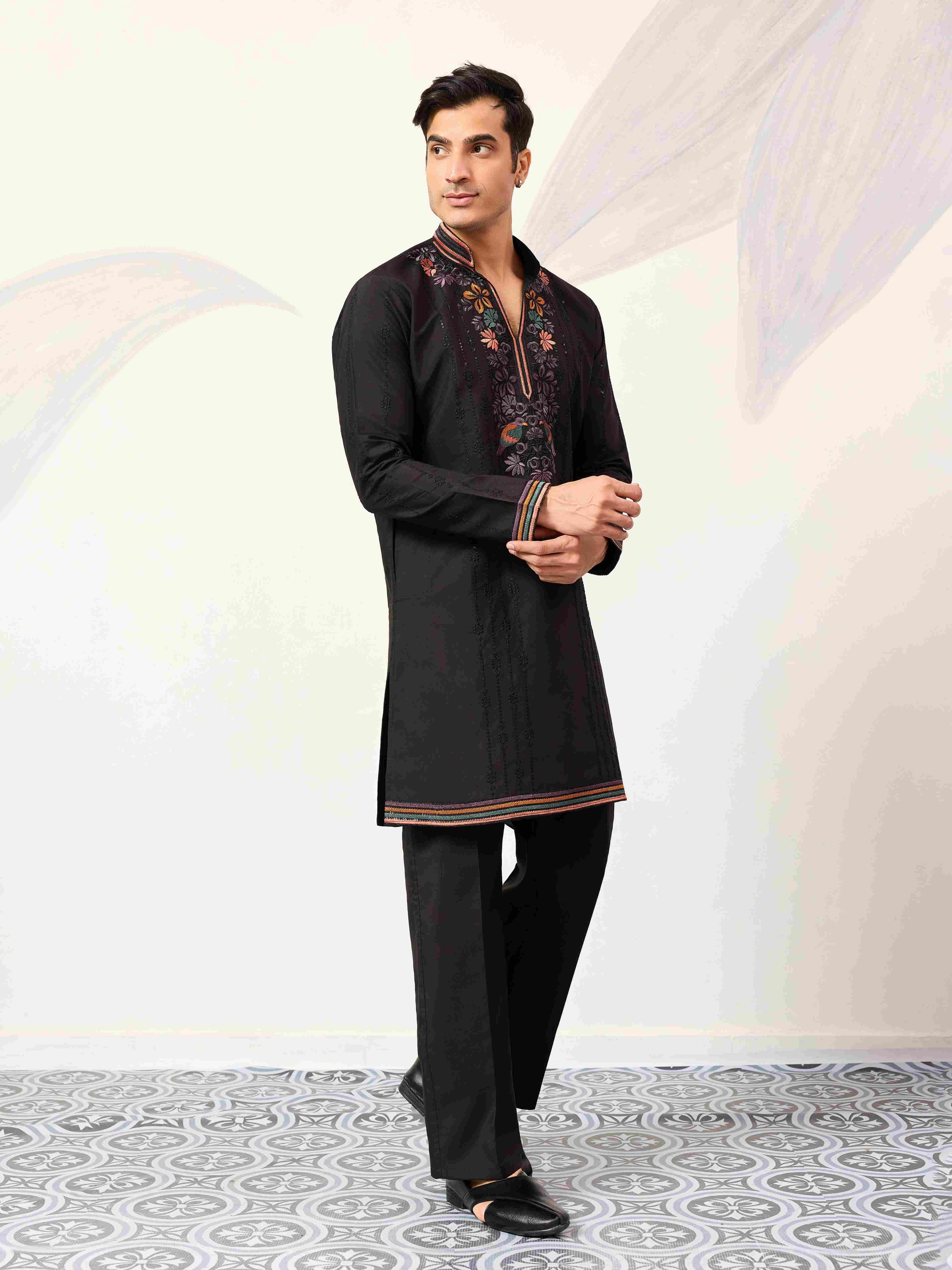 Party Wear Black V Neck Style Kurta Pant for Mens Wear