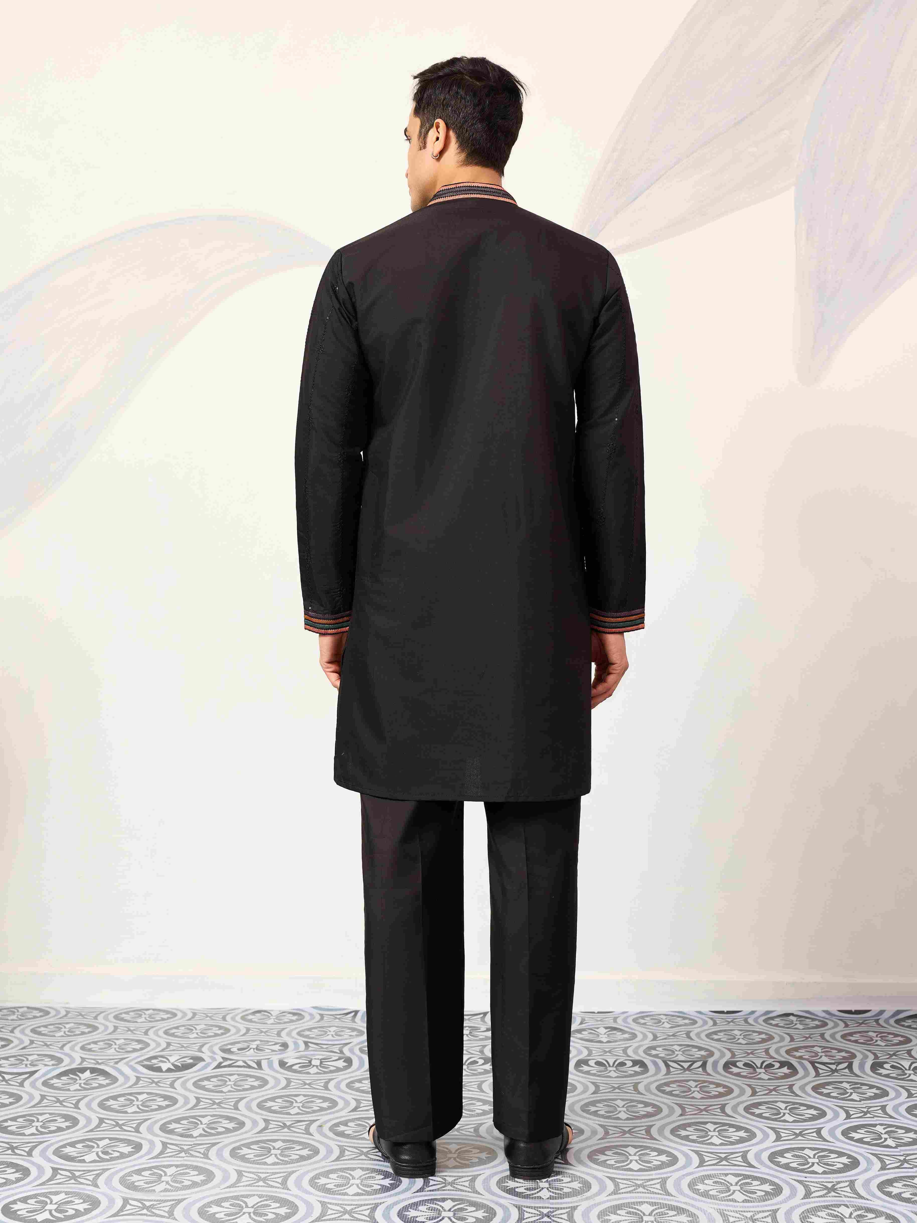 Party Wear Black V Neck Style Kurta Pant for Mens Wear