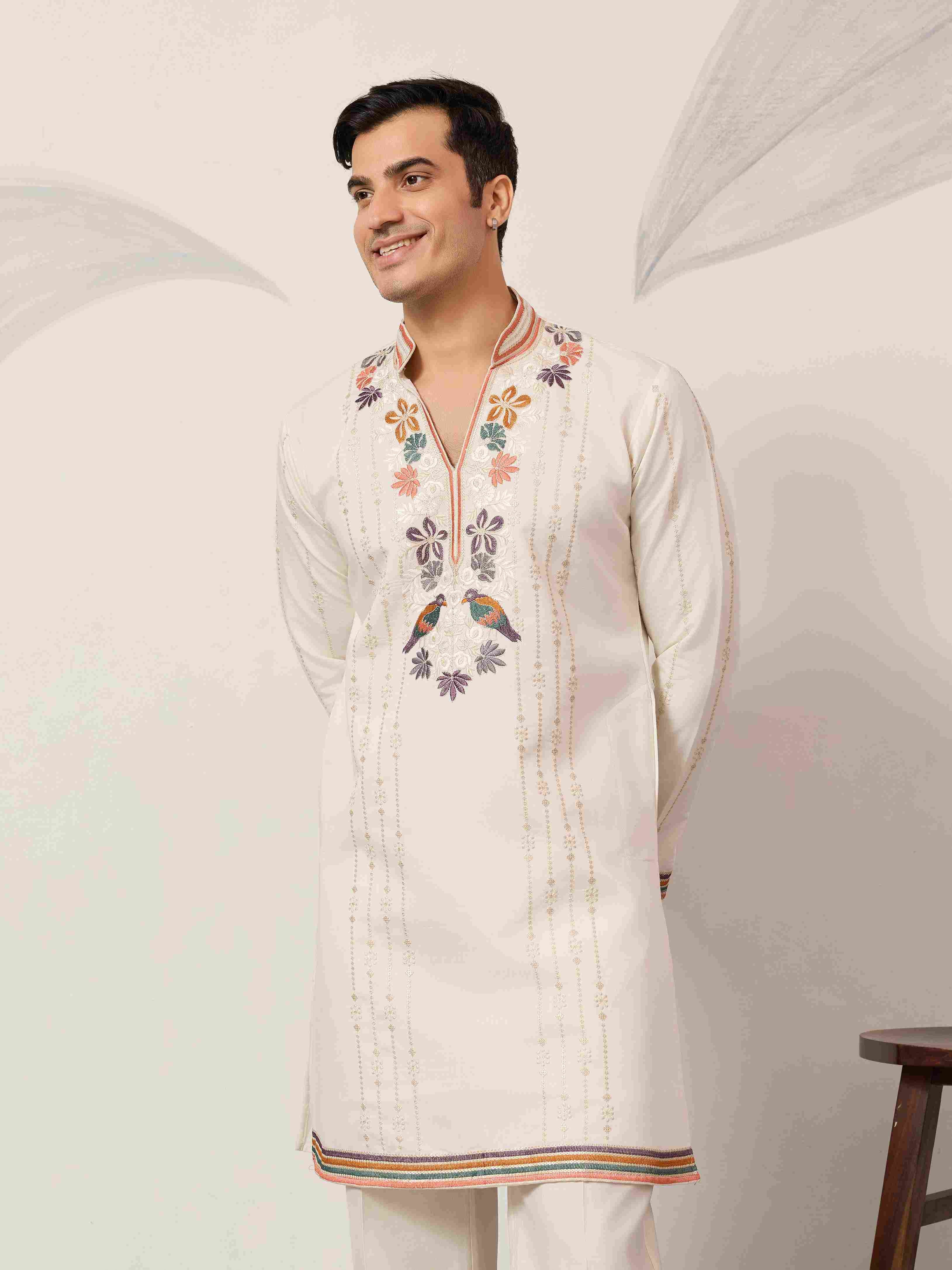 kurta Luxury White V Neck Kurta Pant for Festive Wear