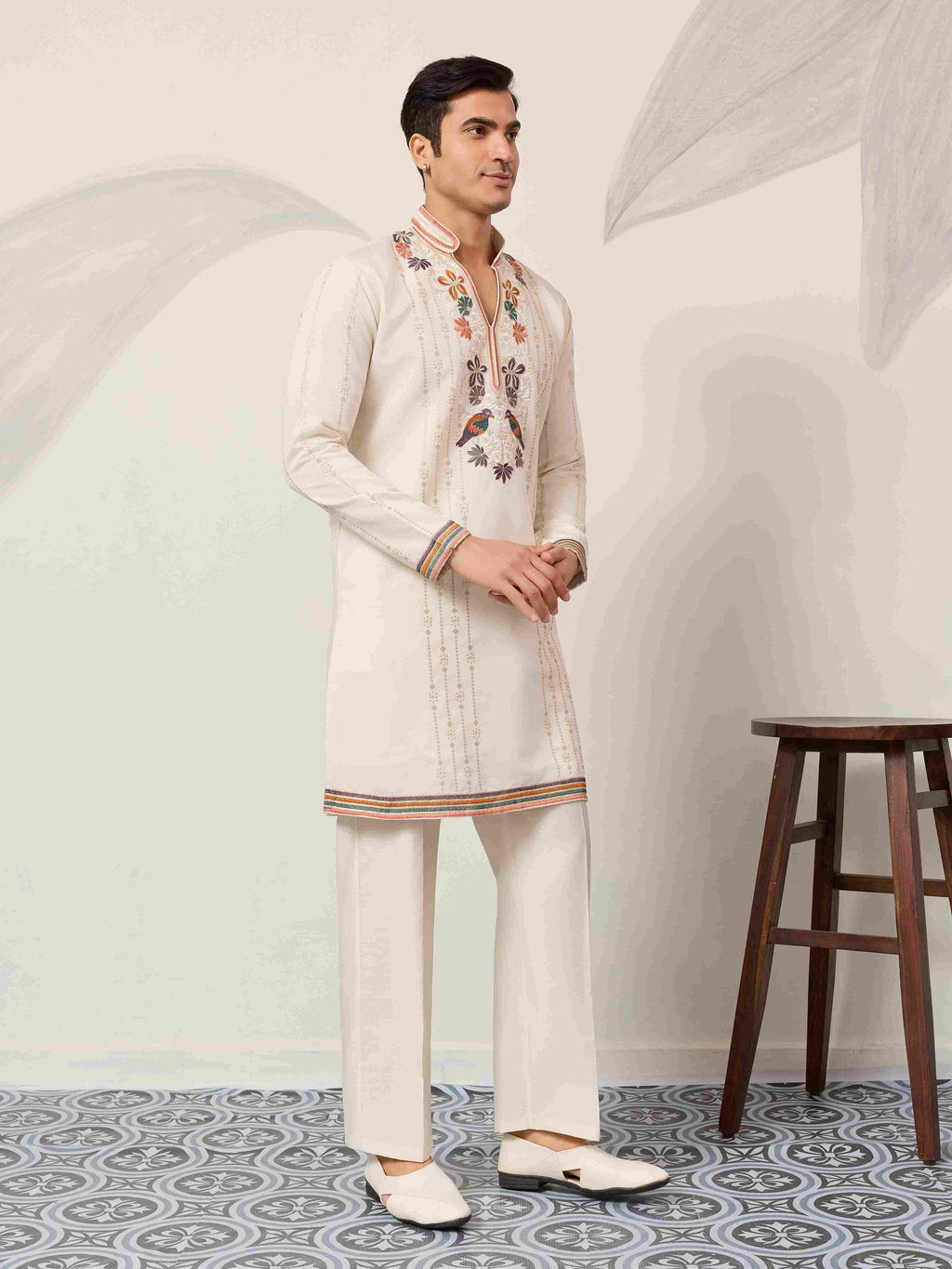 kurta Luxury White V Neck Kurta Pant for Festive Wear