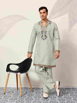 Ethnic Pista V Neck Kurta Pant Set for Mens Wear