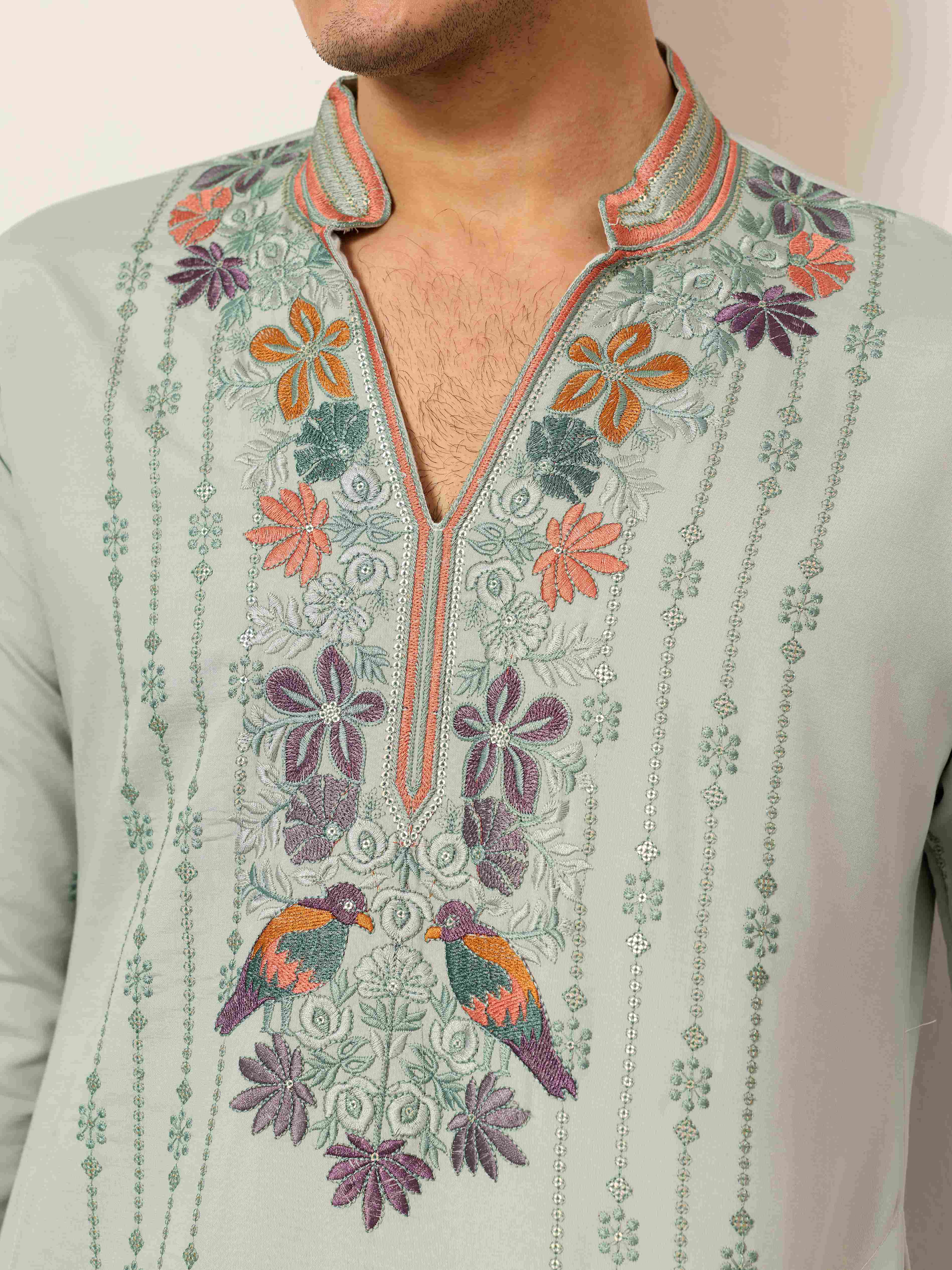 Ethnic Pista V Neck Kurta Pant Set for Mens Wear