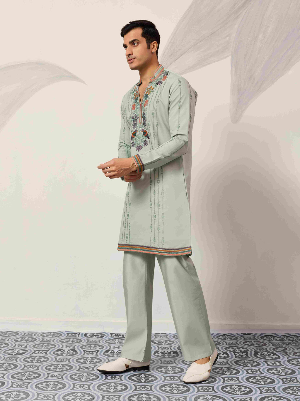 Ethnic Pista V Neck Kurta Pant Set for Mens Wear