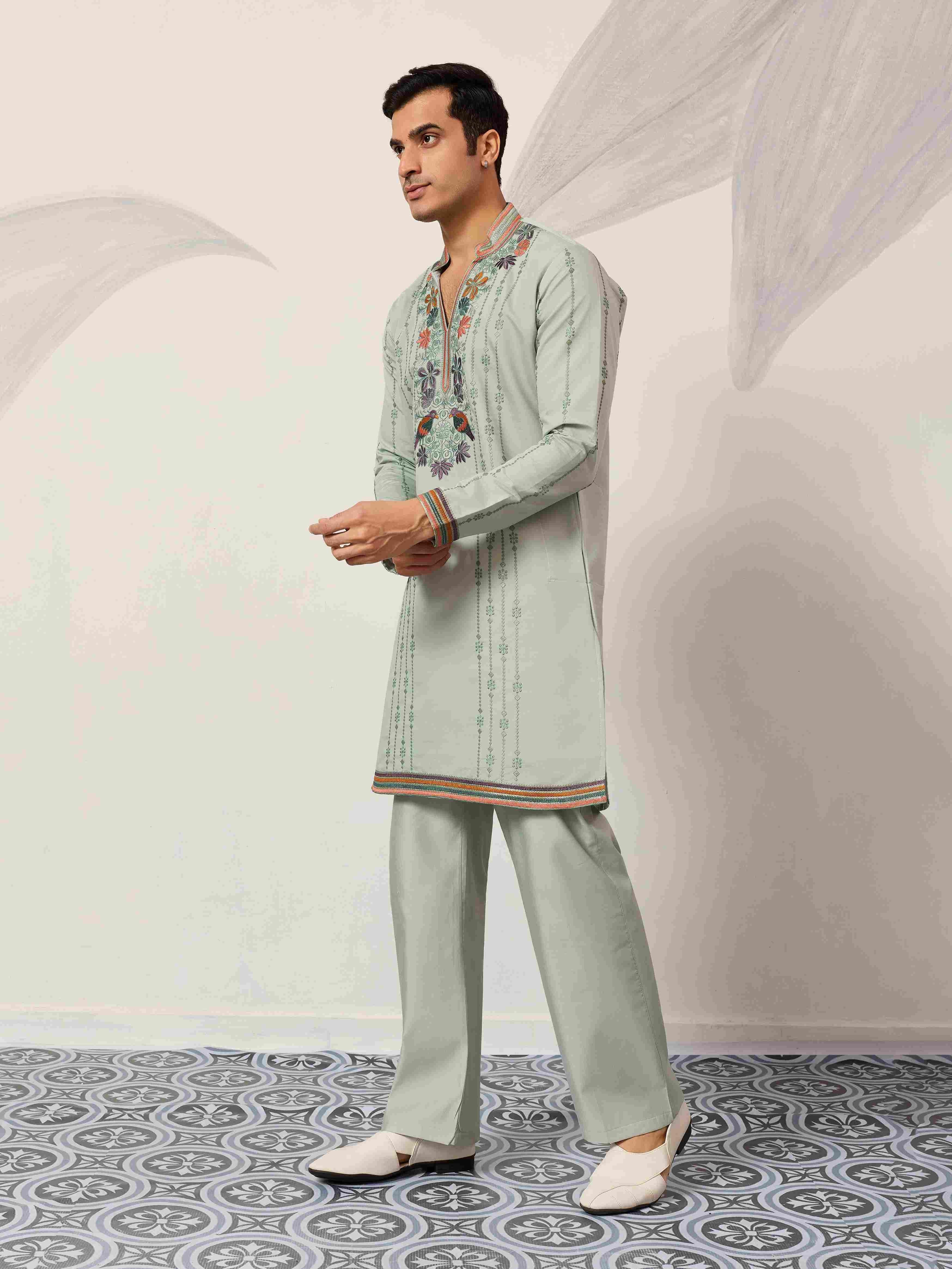 Ethnic Pista V Neck Kurta Pant Set for Mens Wear