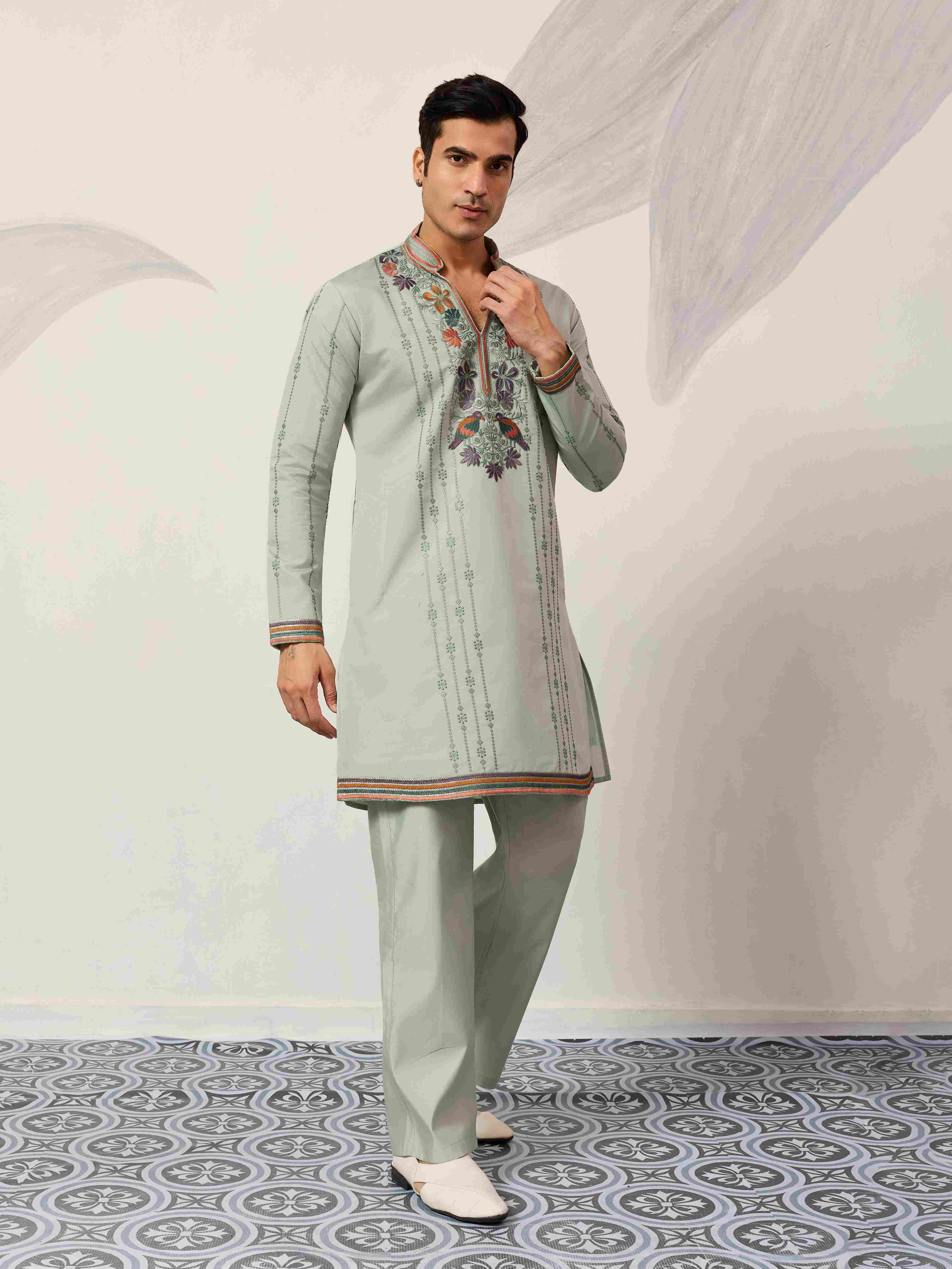 Ethnic Pista V Neck Kurta Pant Set for Mens Wear
