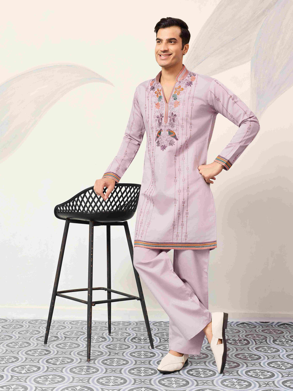 Royal Look Lavender V Neck Kurta Pant for Mens Wear