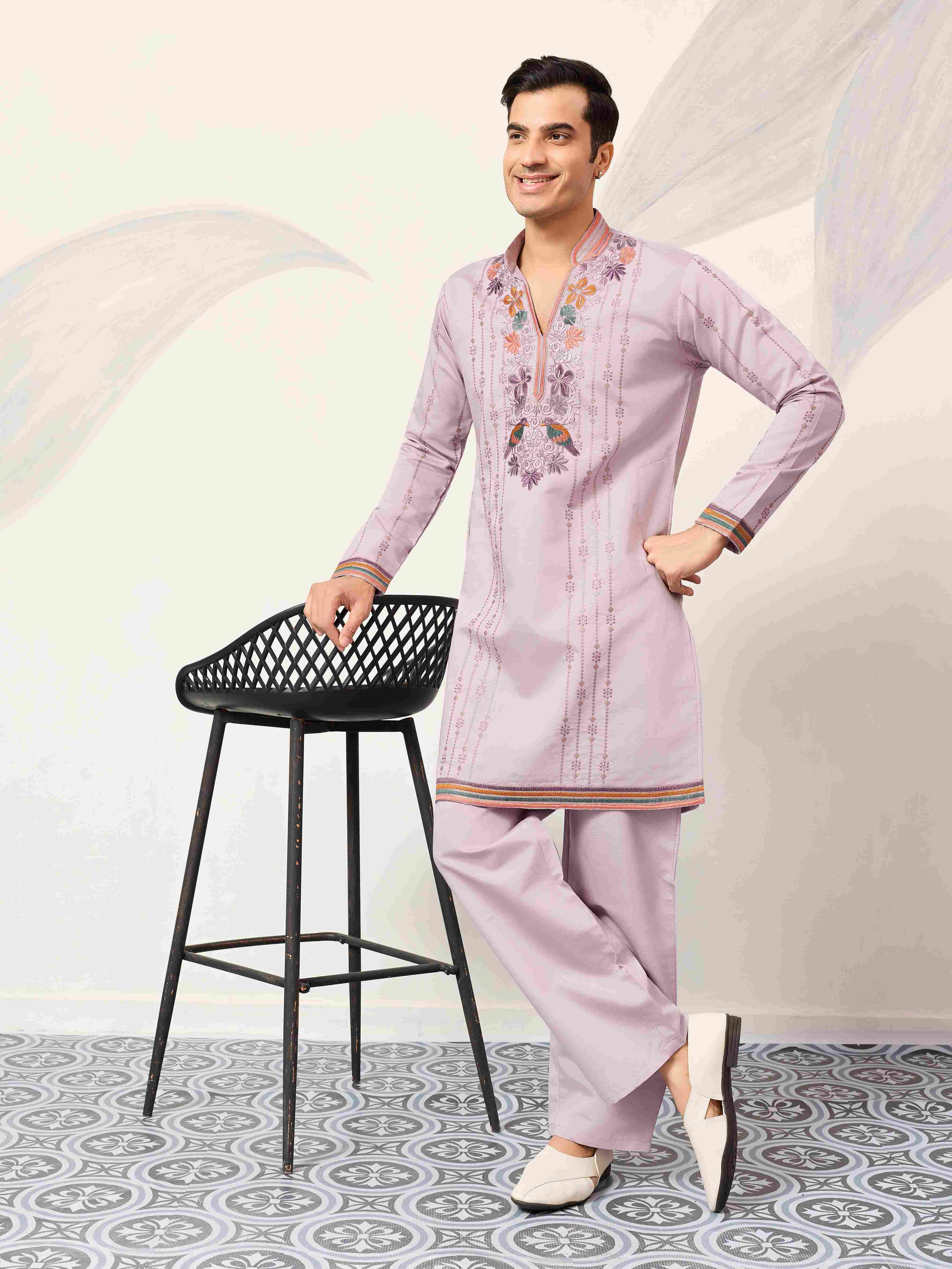 Royal Look Lavender V Neck Kurta Pant for Mens Wear