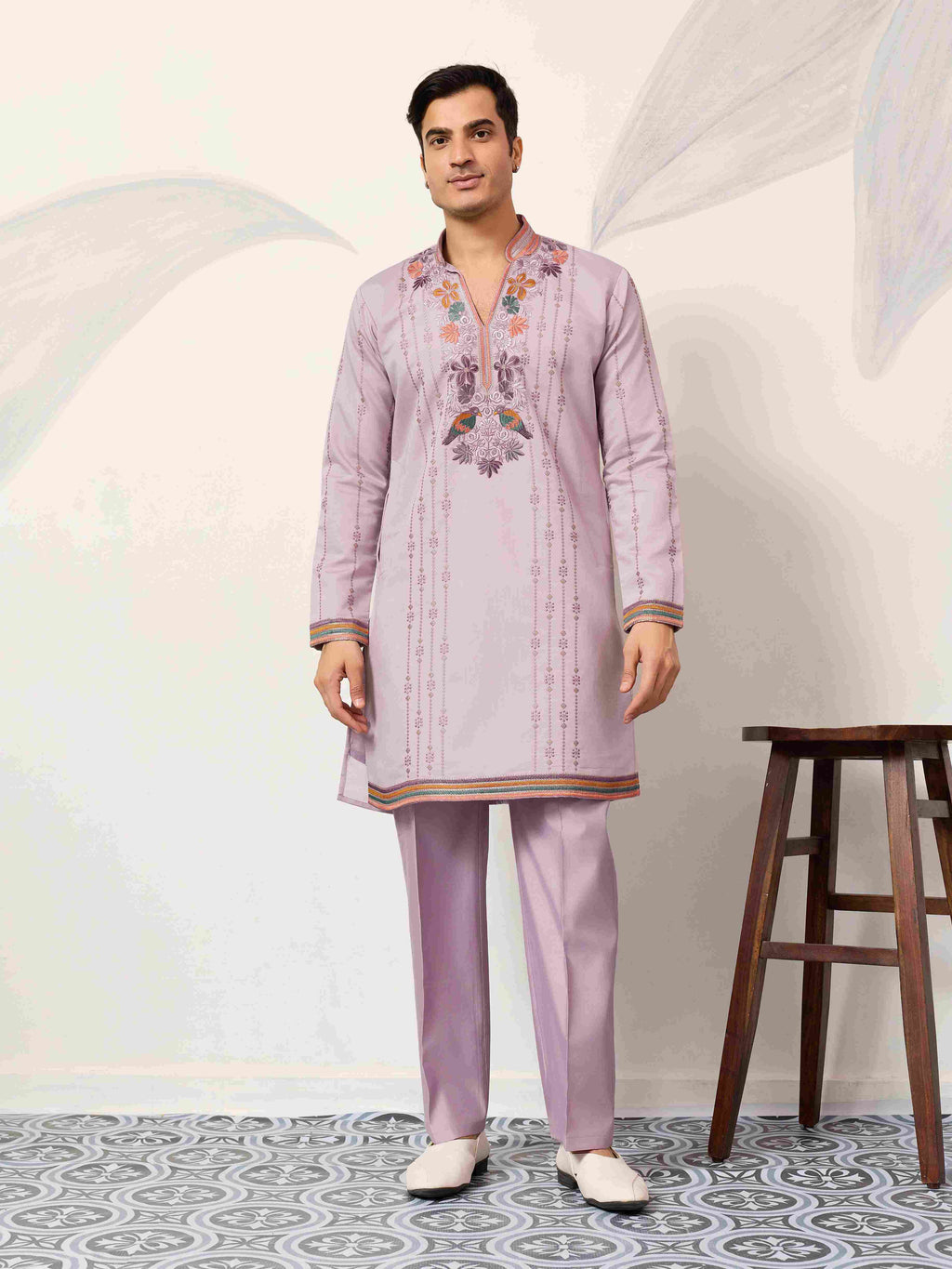 Royal Look Lavender V Neck Kurta Pant for Mens Wear