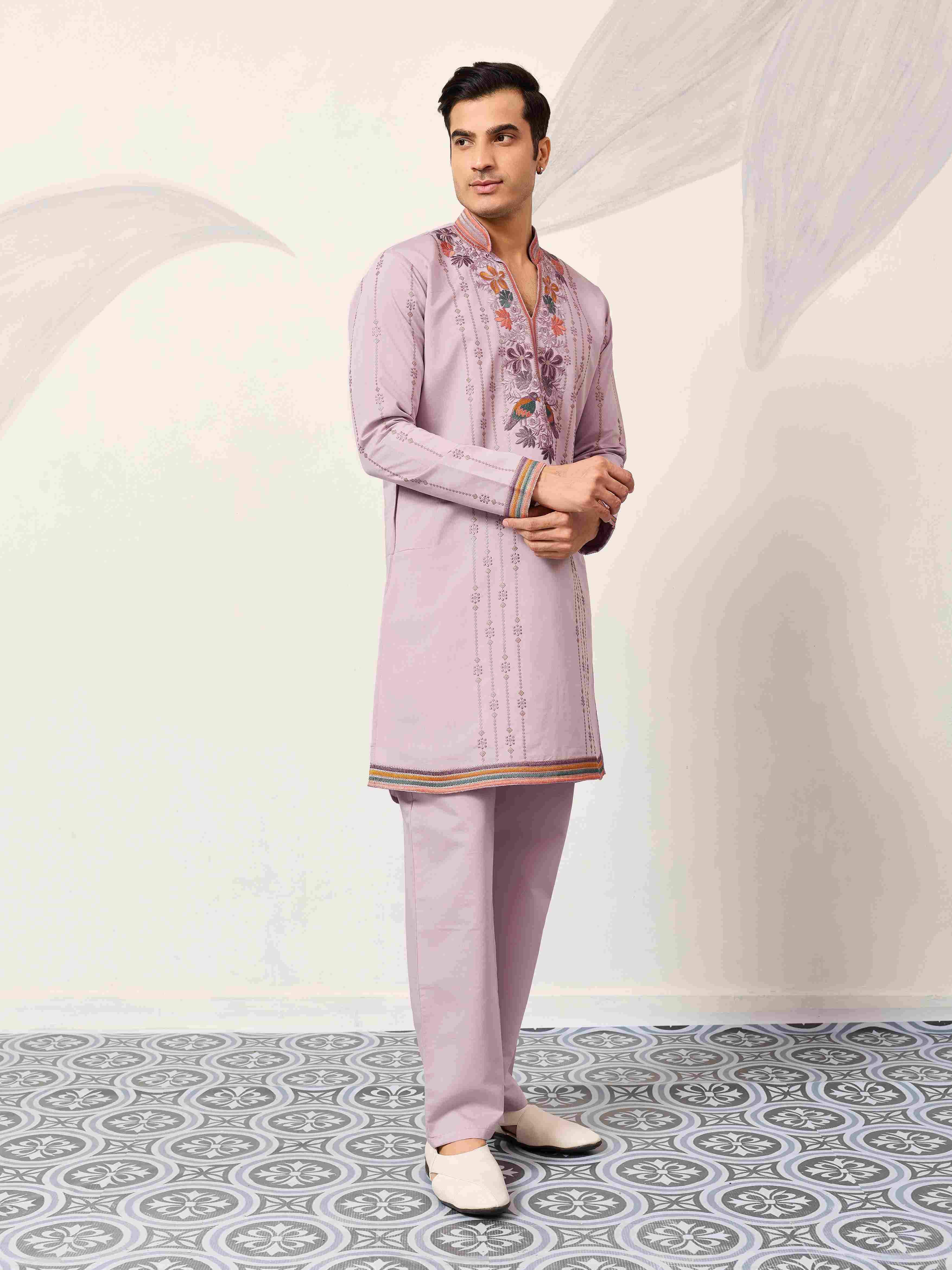 Royal Look Lavender V Neck Kurta Pant for Mens Wear