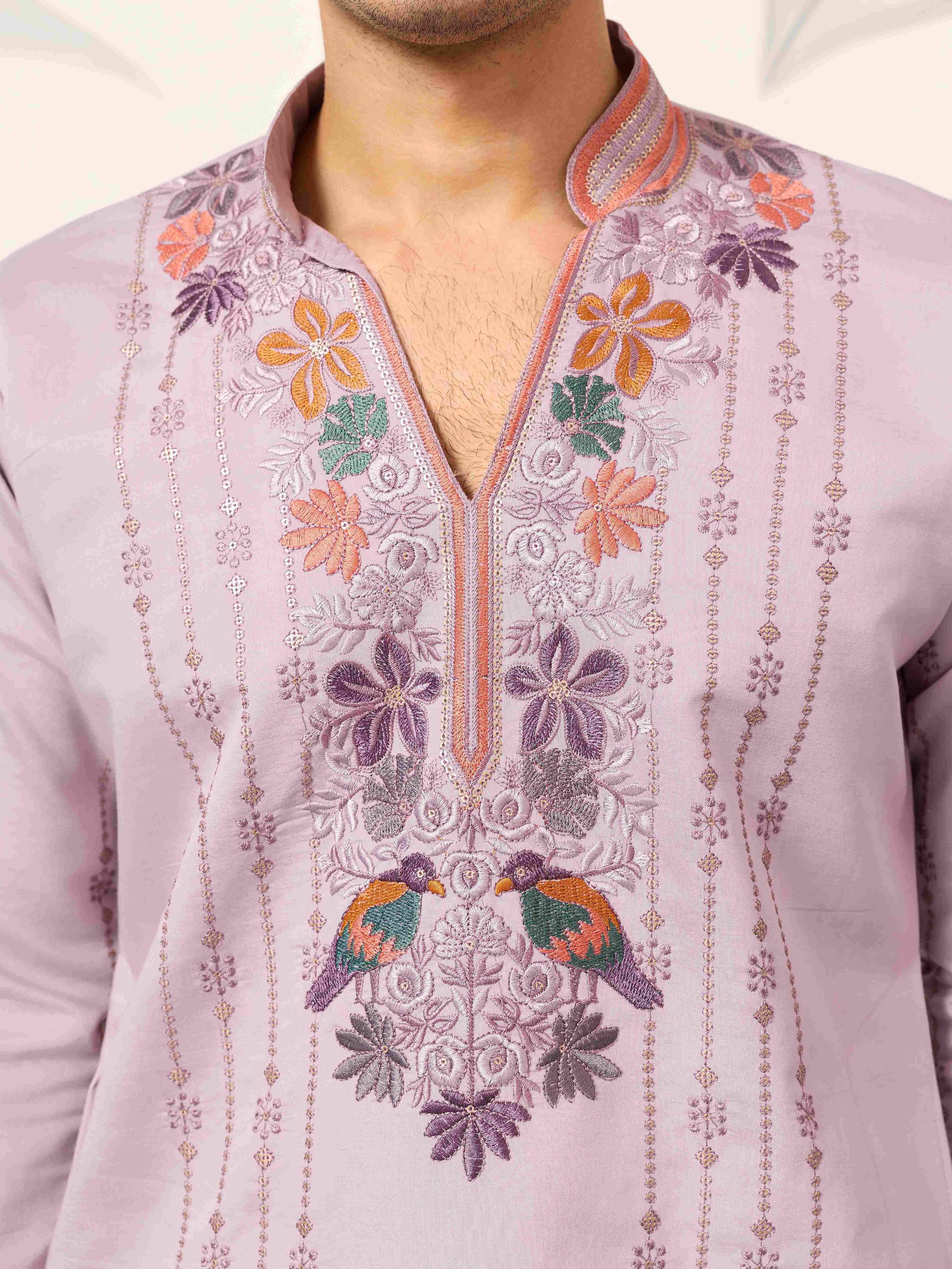 Royal Look Lavender V Neck Kurta Pant for Mens Wear