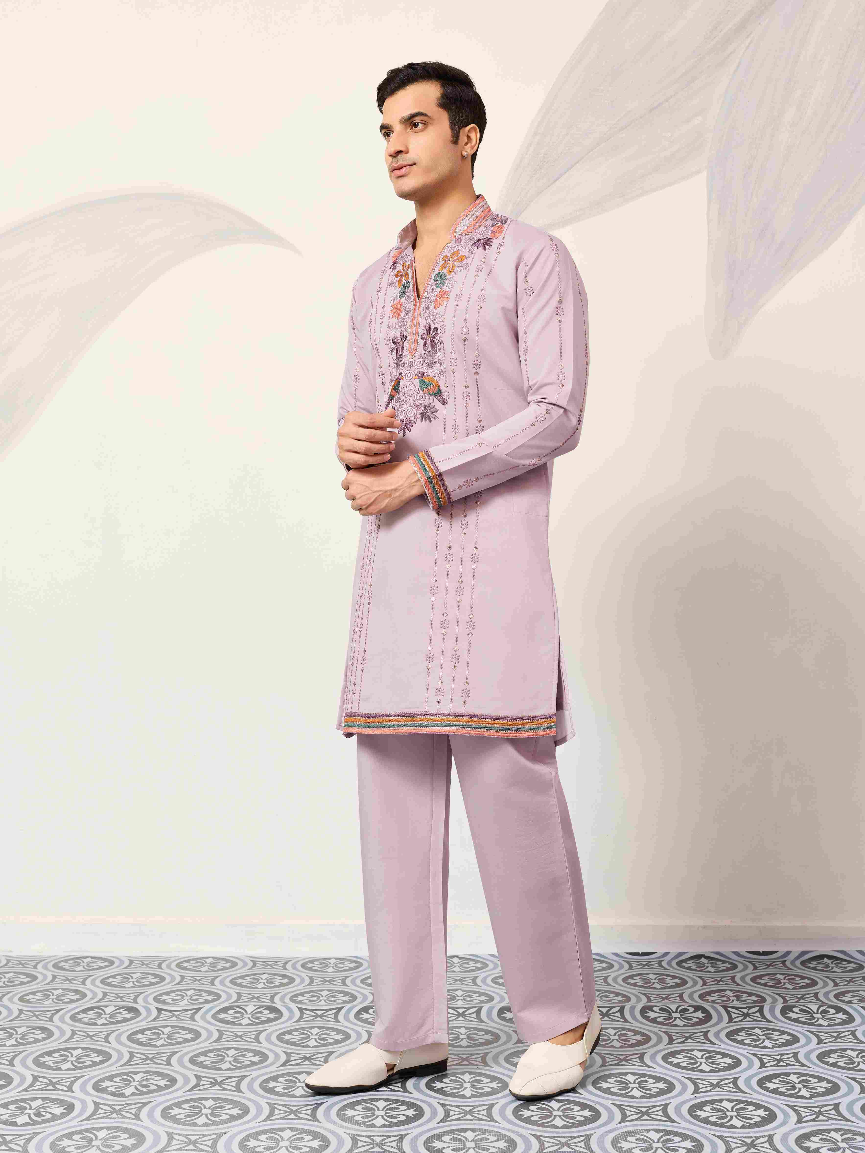 Royal Look Lavender V Neck Kurta Pant for Mens Wear