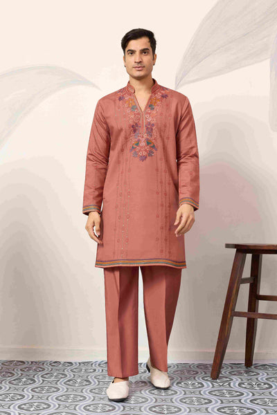 Elegant Royal V Style Orange Kurta Pant for Mens wear