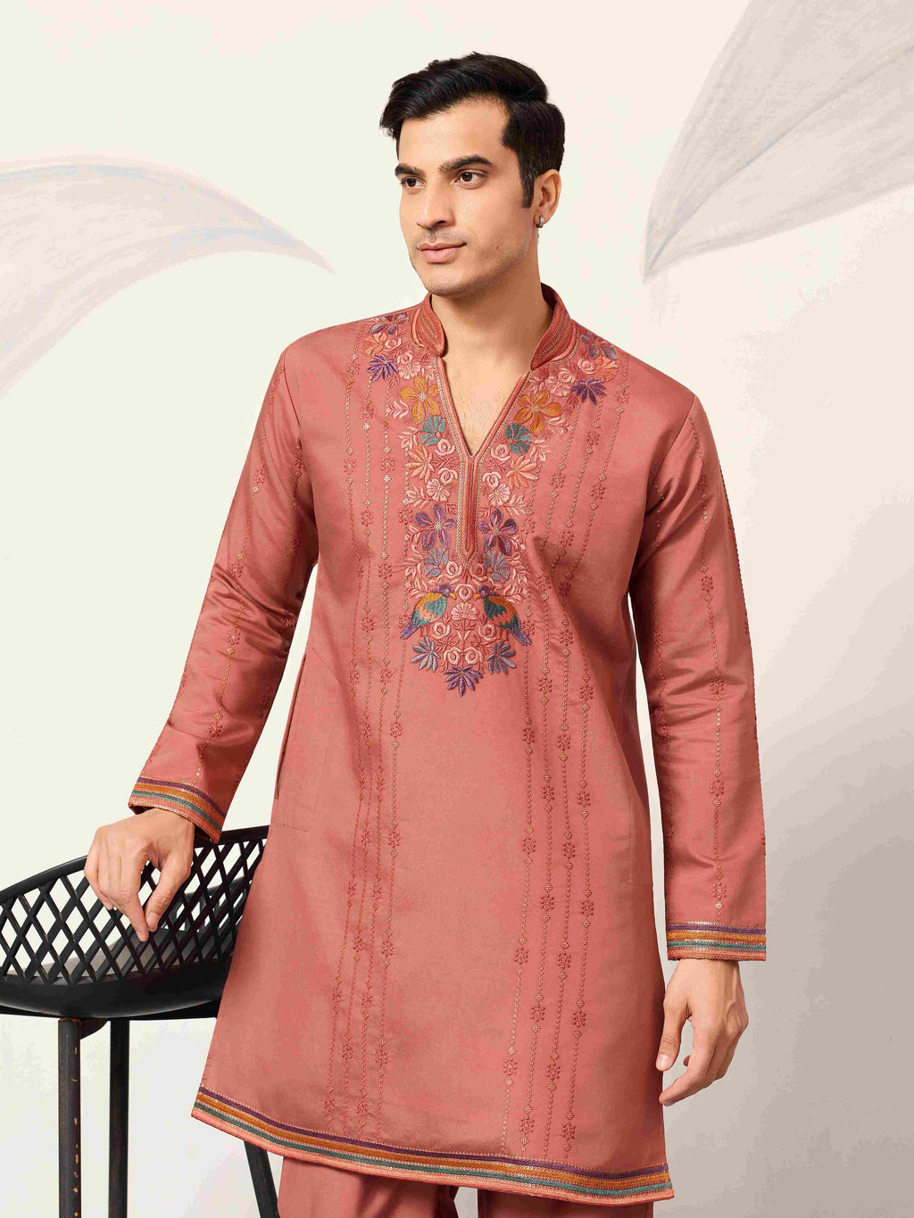 Elegant Royal V Style Orange Kurta Pant for Mens wear