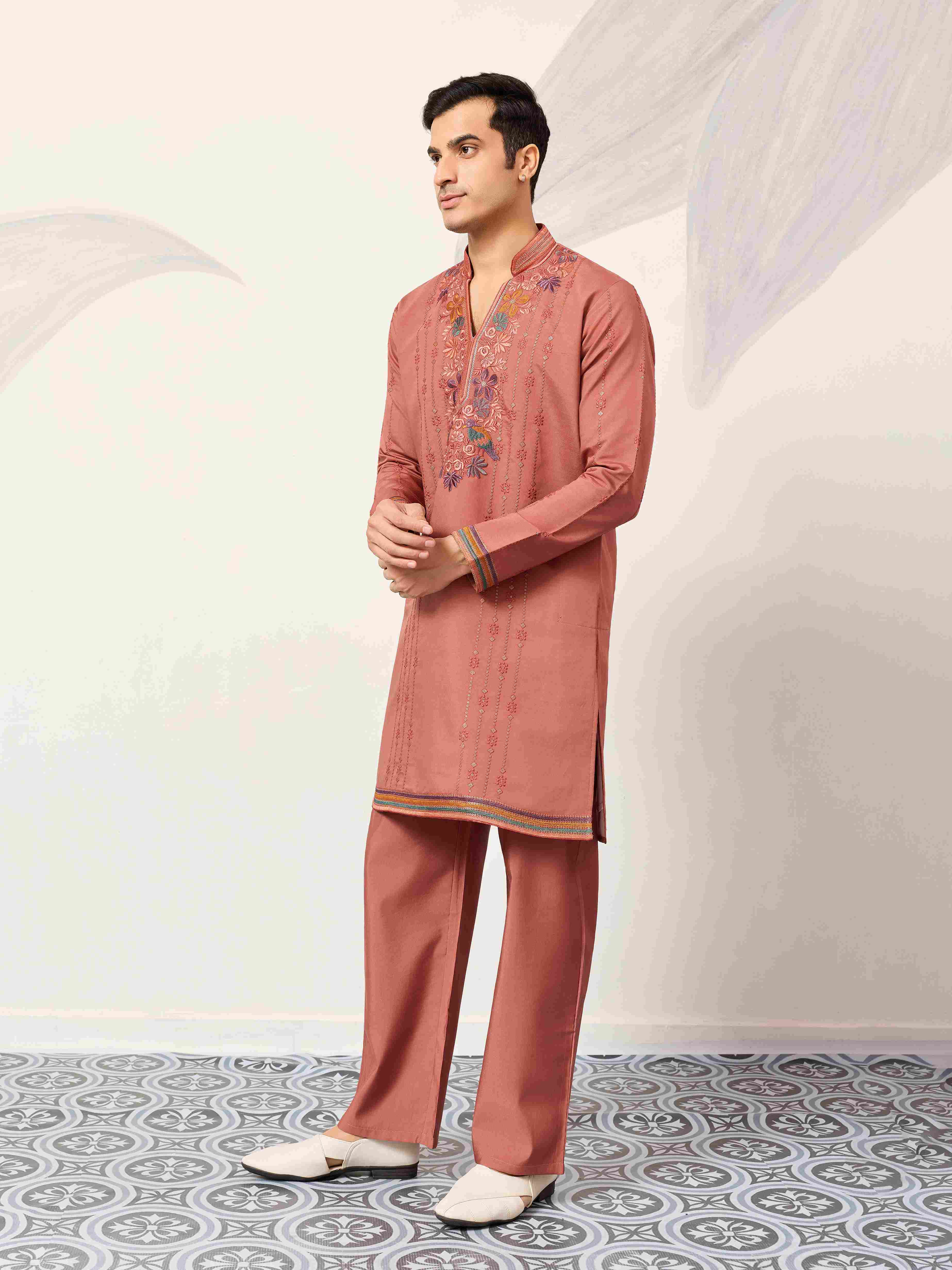 Elegant Royal V Style Orange Kurta Pant for Mens wear