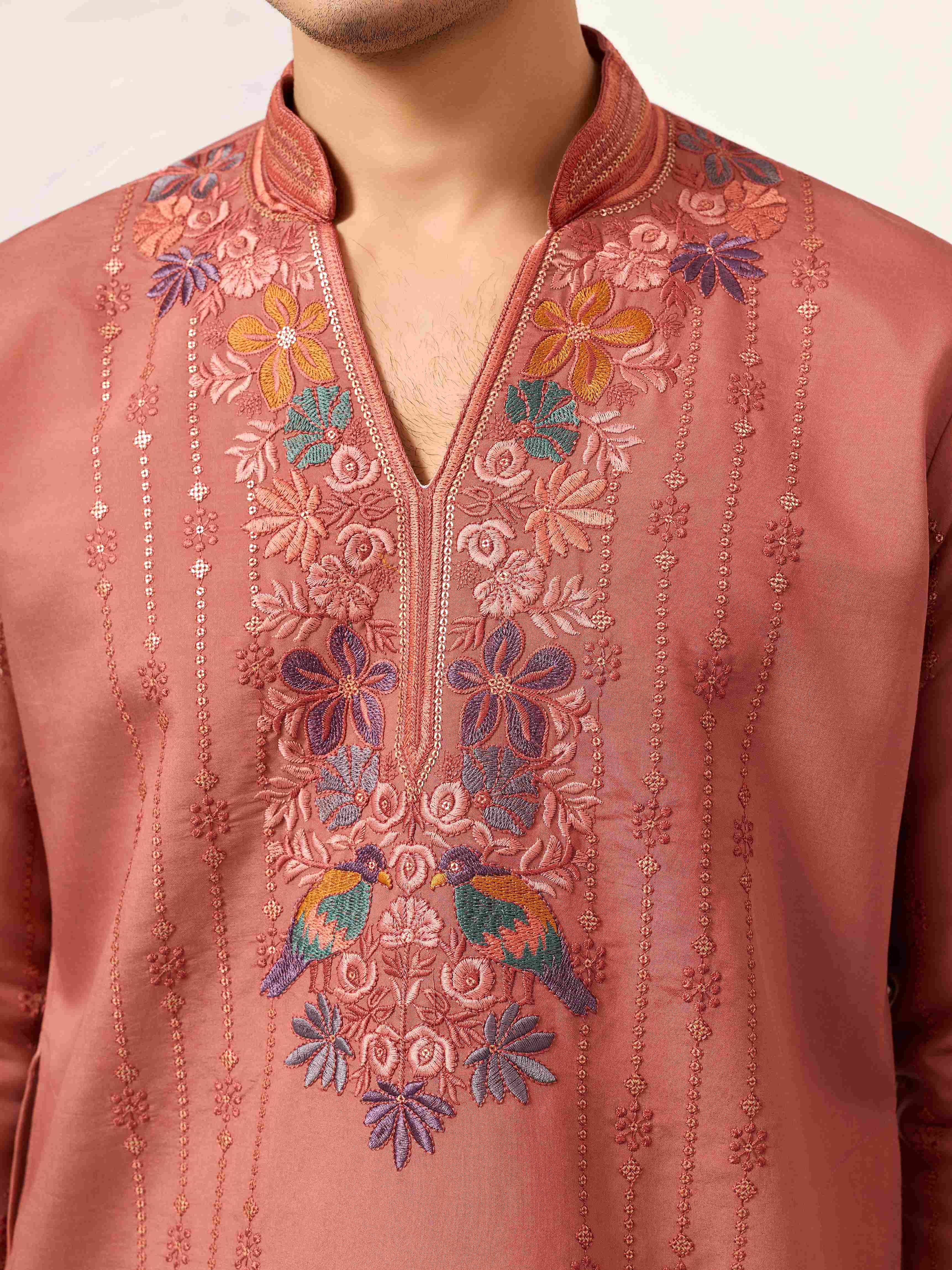 Elegant Royal V Style Orange Kurta Pant for Mens wear