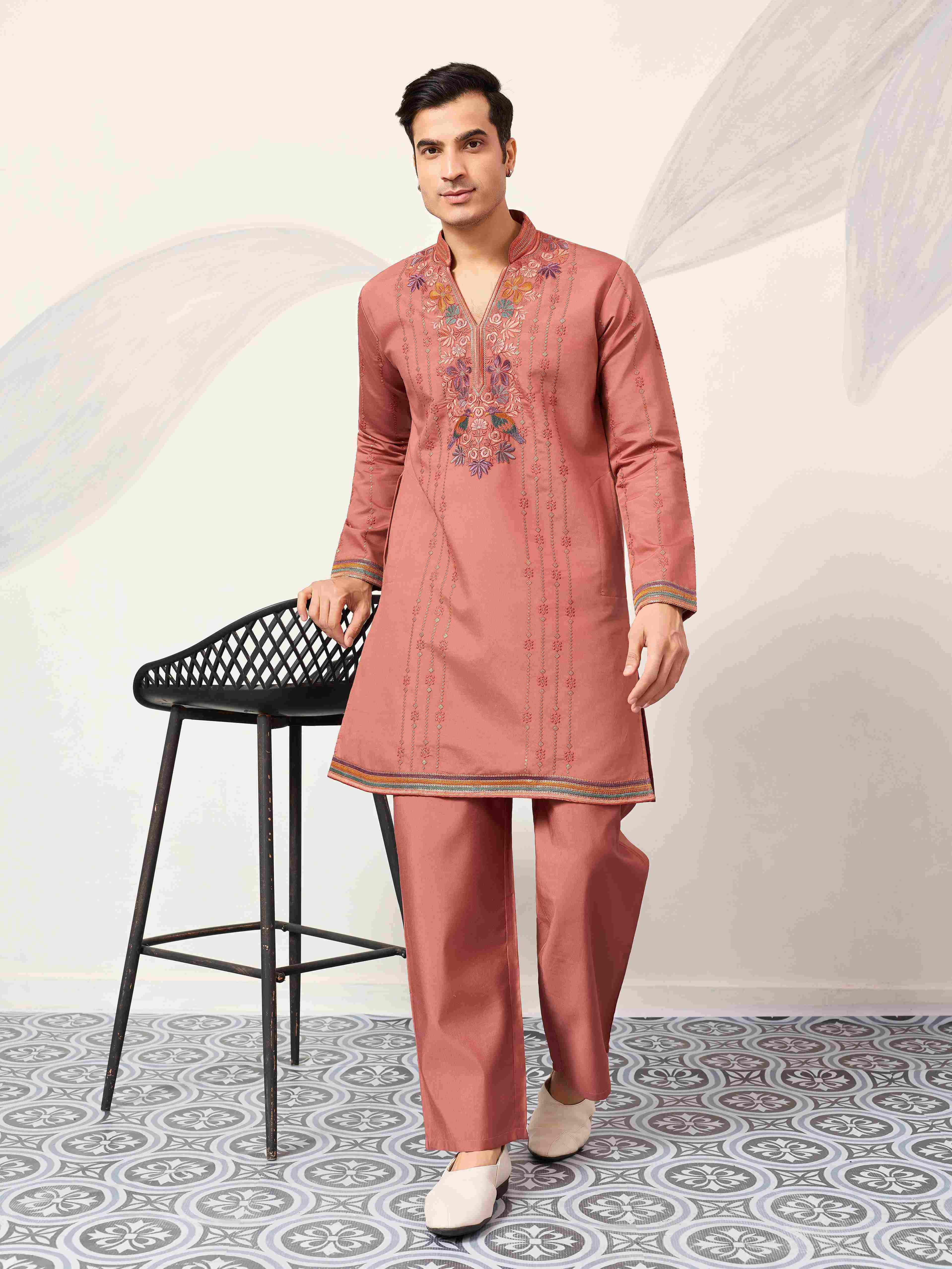 Elegant Royal V Style Orange Kurta Pant for Mens wear