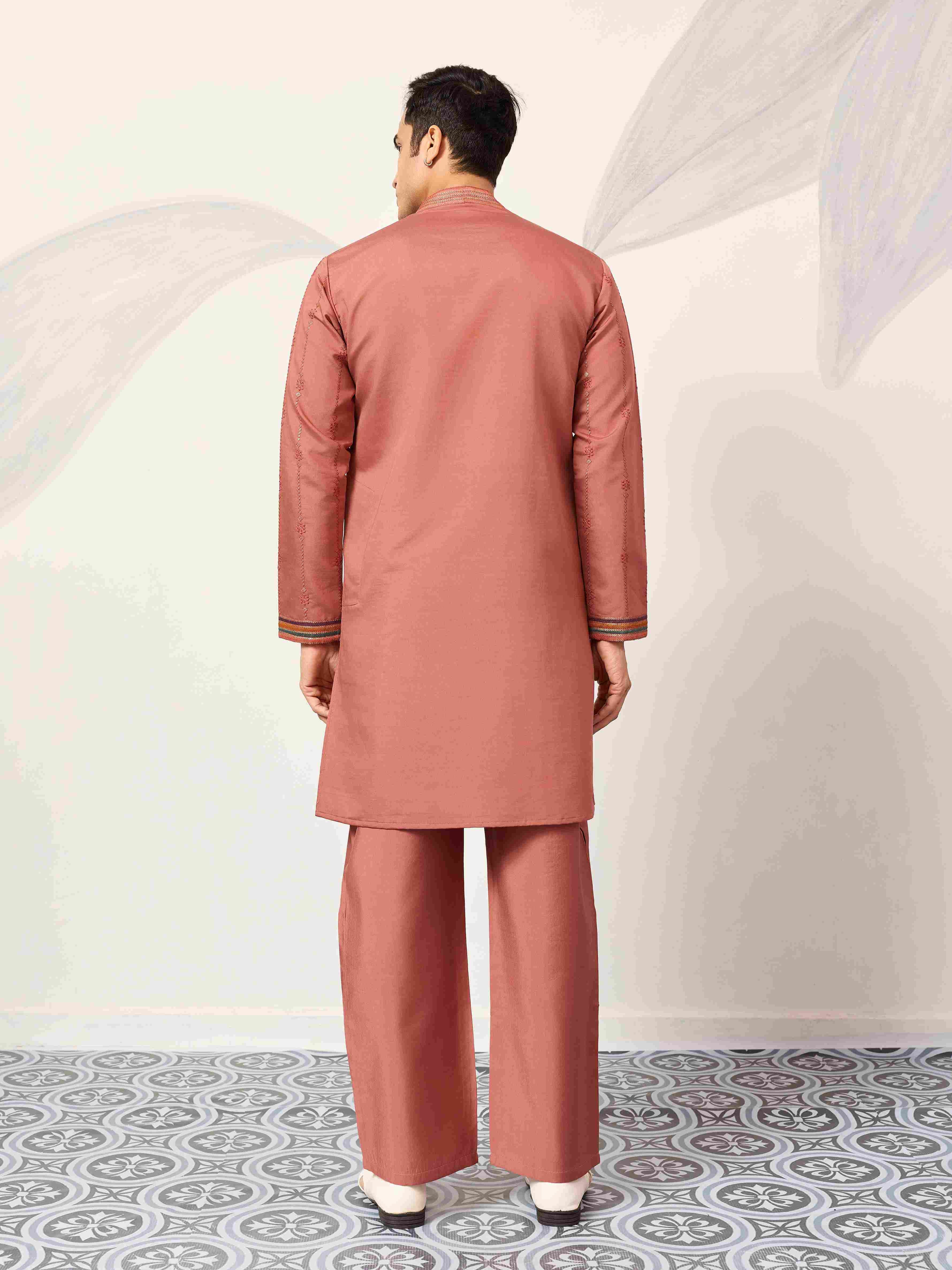 Elegant Royal V Style Orange Kurta Pant for Mens wear