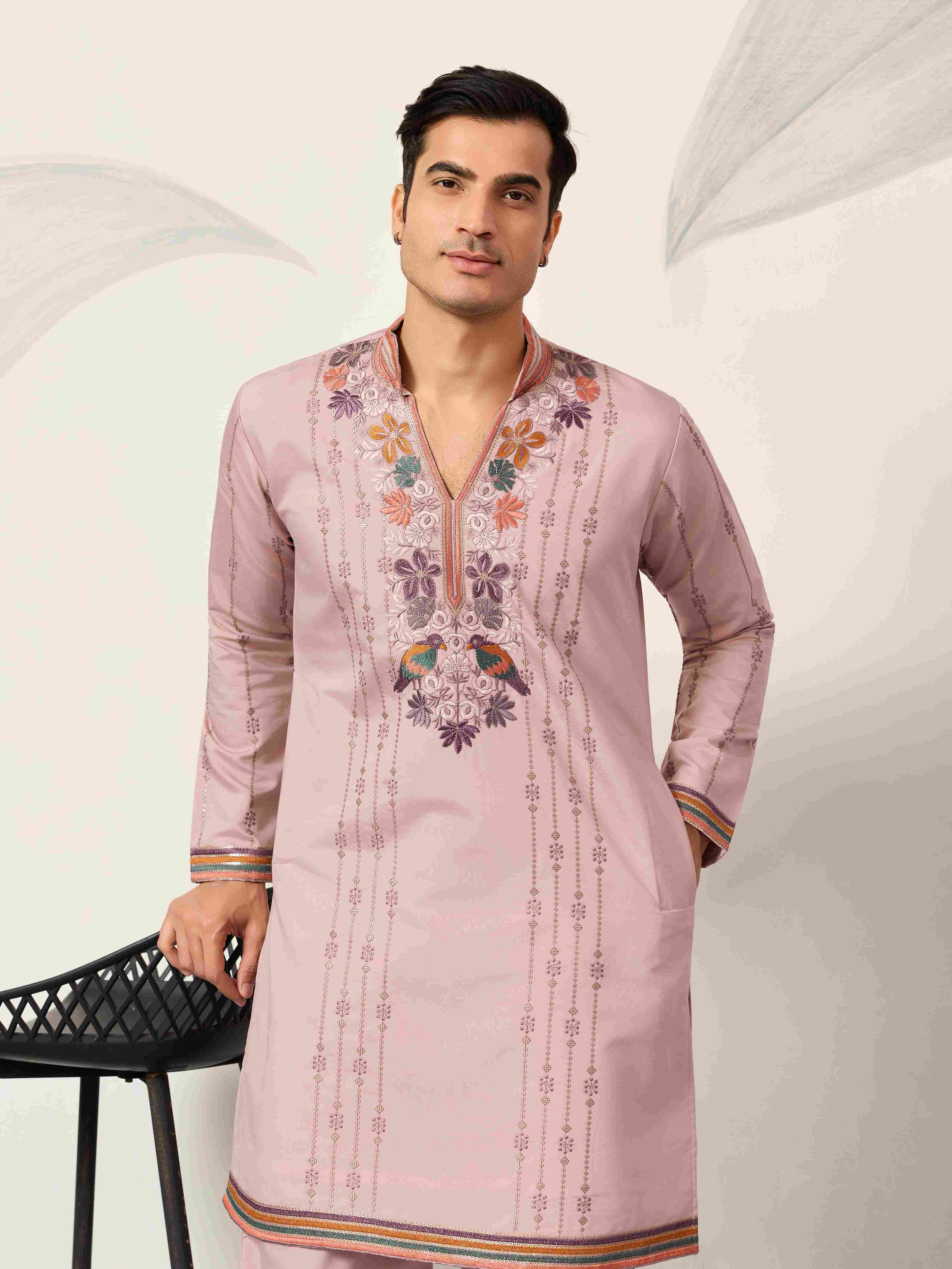 Kurta Classic Pink Embroidered V Neck Kurta Pant Outfit for Mens Wear