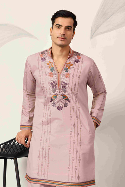 Kurta Classic Pink Embroidered V Neck Kurta Pant Outfit for Mens Wear