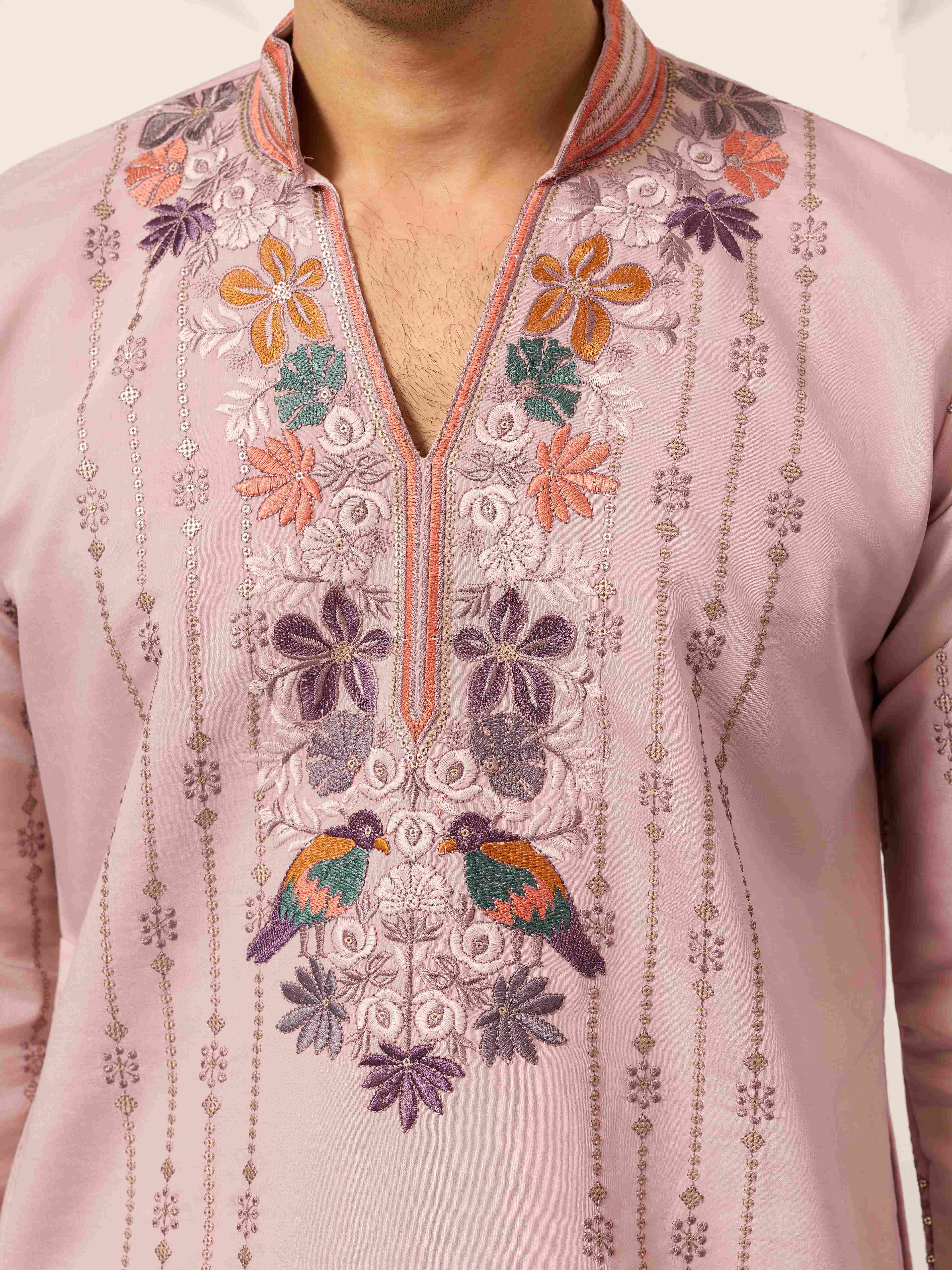 Kurta Classic Pink Embroidered V Neck Kurta Pant Outfit for Mens Wear