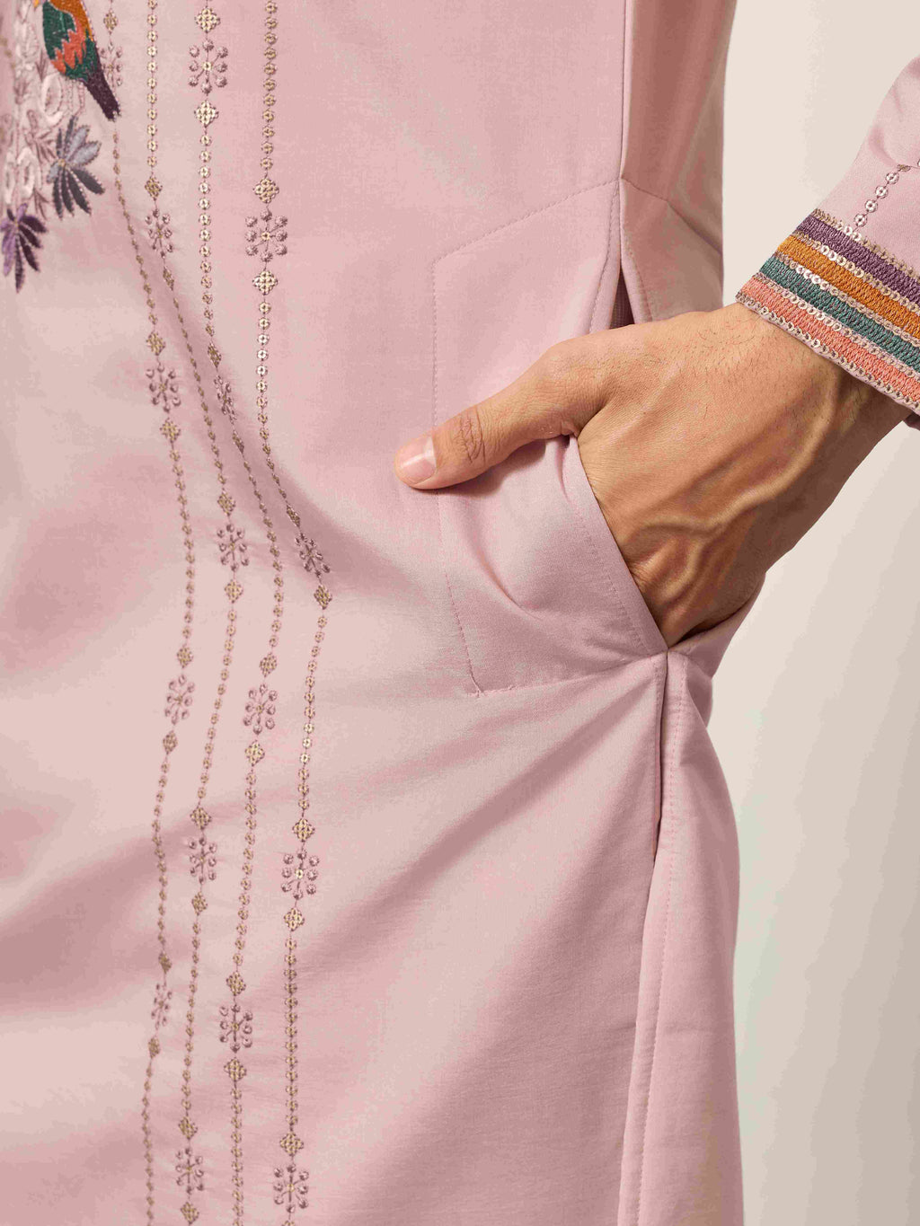 Kurta Classic Pink Embroidered V Neck Kurta Pant Outfit for Mens Wear