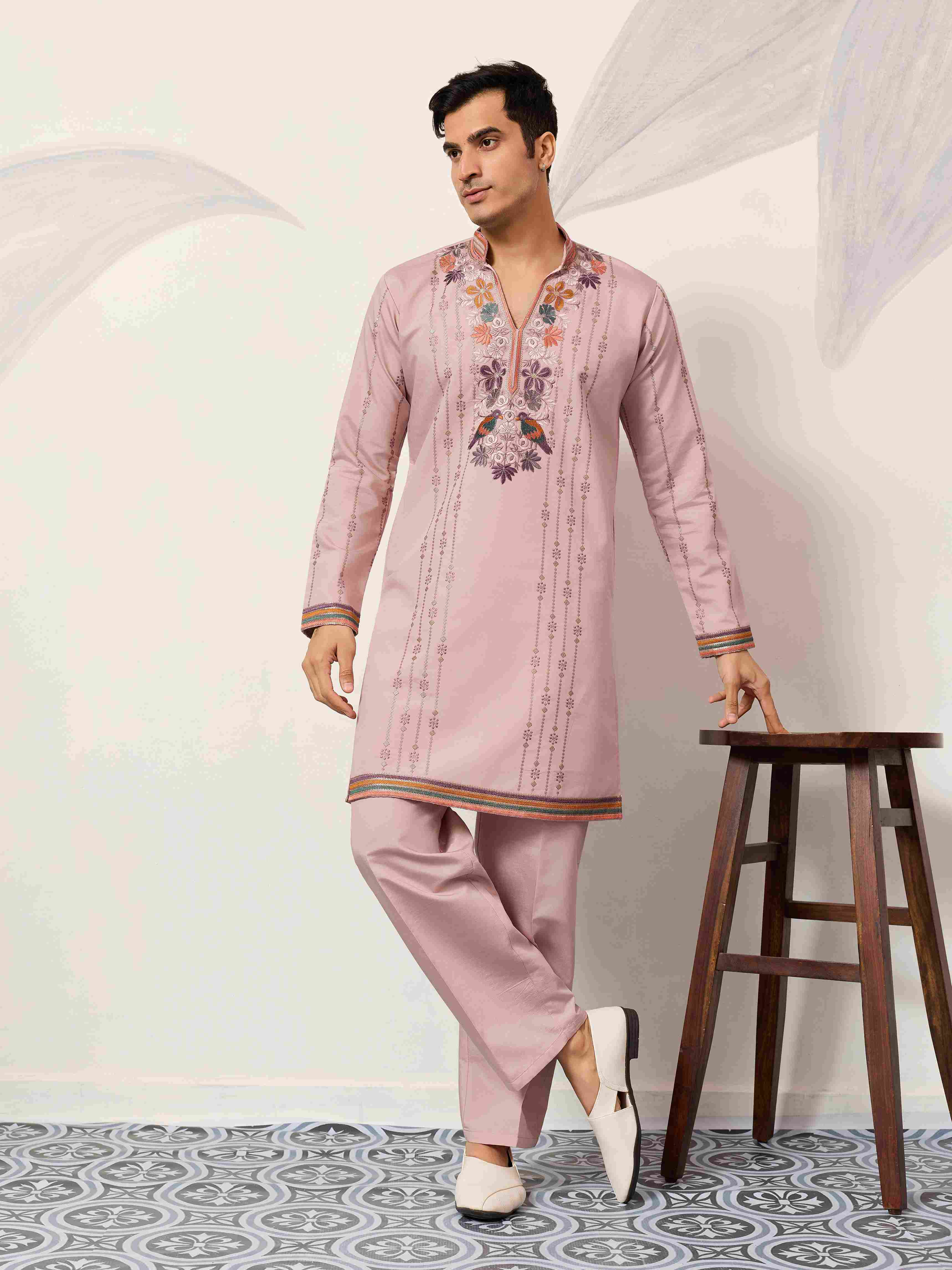 Kurta Classic Pink Embroidered V Neck Kurta Pant Outfit for Mens Wear