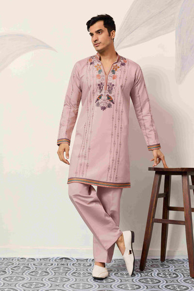 Kurta Classic Pink Embroidered V Neck Kurta Pant Outfit for Mens Wear