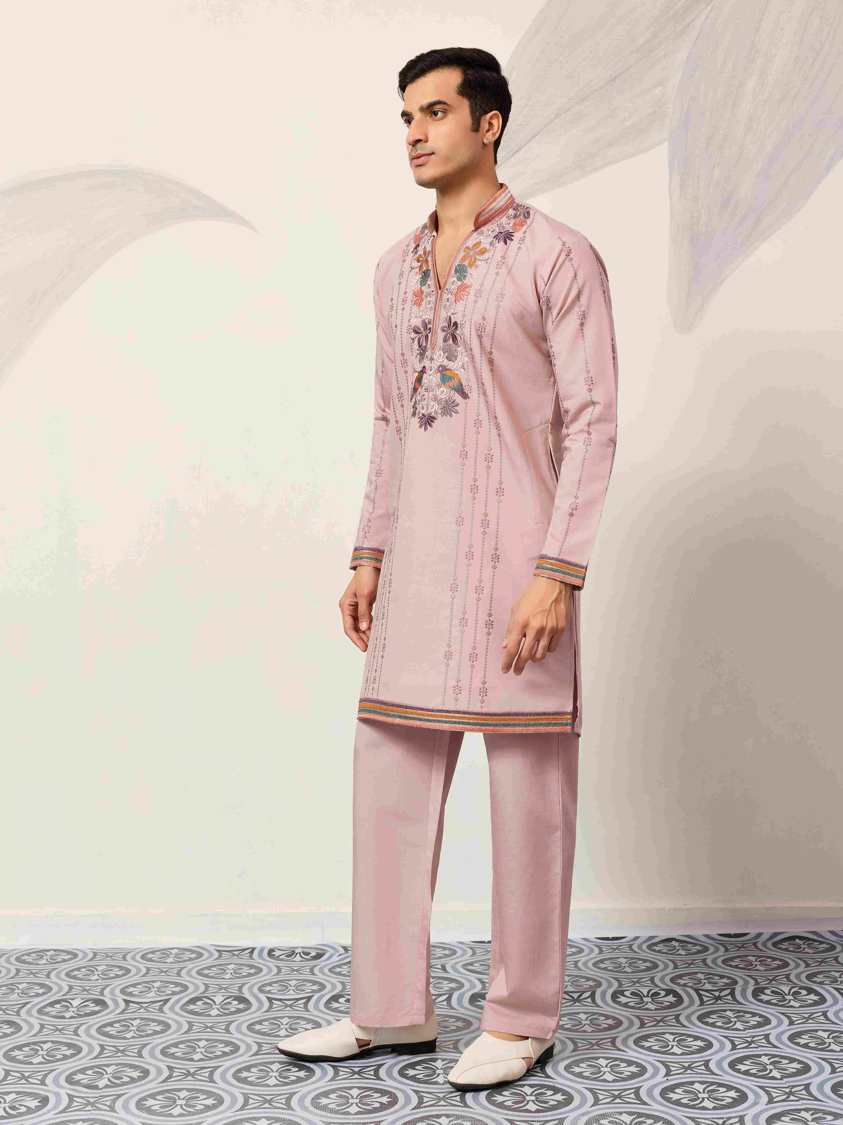 Kurta Classic Pink Embroidered V Neck Kurta Pant Outfit for Mens Wear