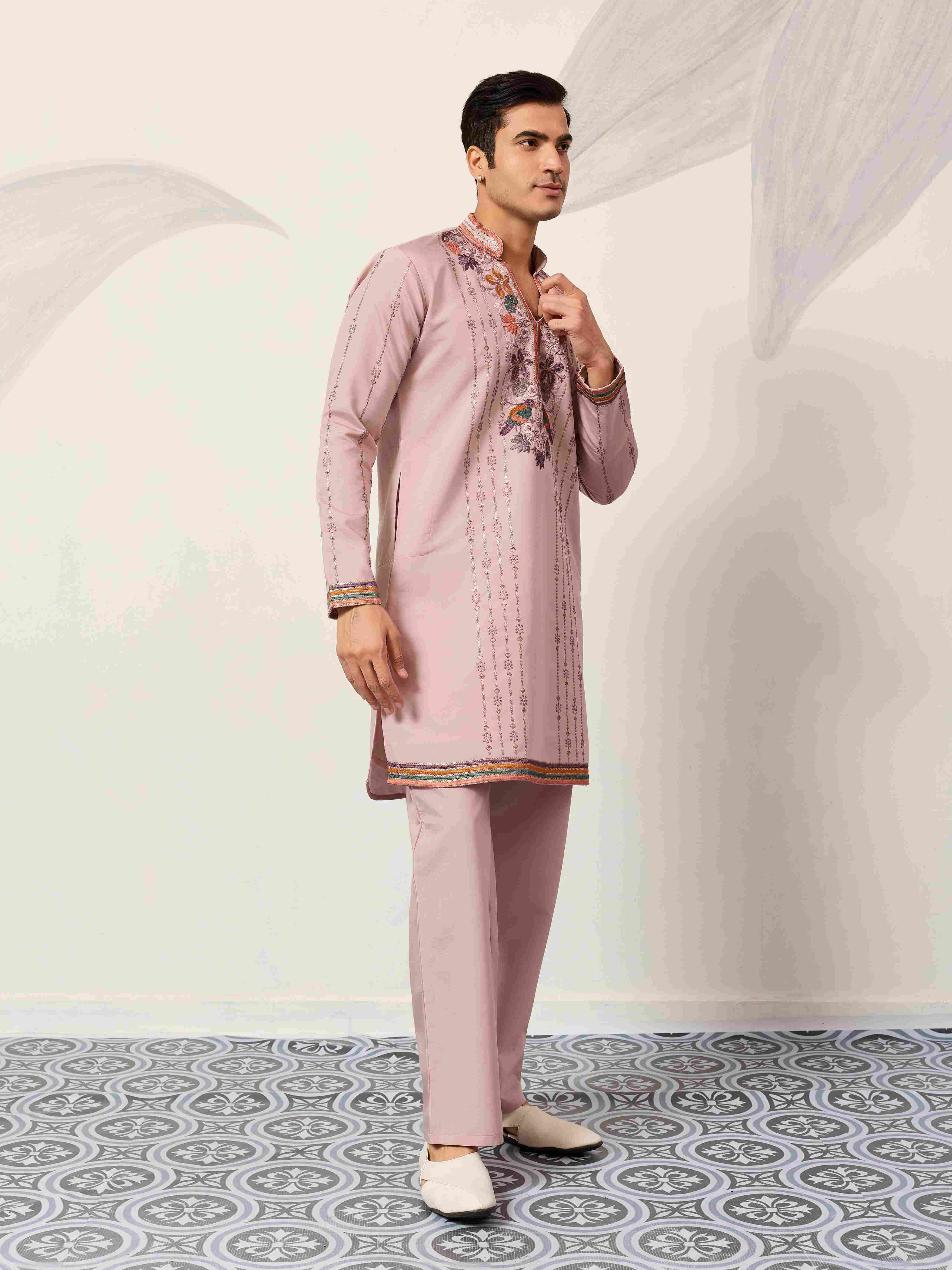 Kurta Classic Pink Embroidered V Neck Kurta Pant Outfit for Mens Wear