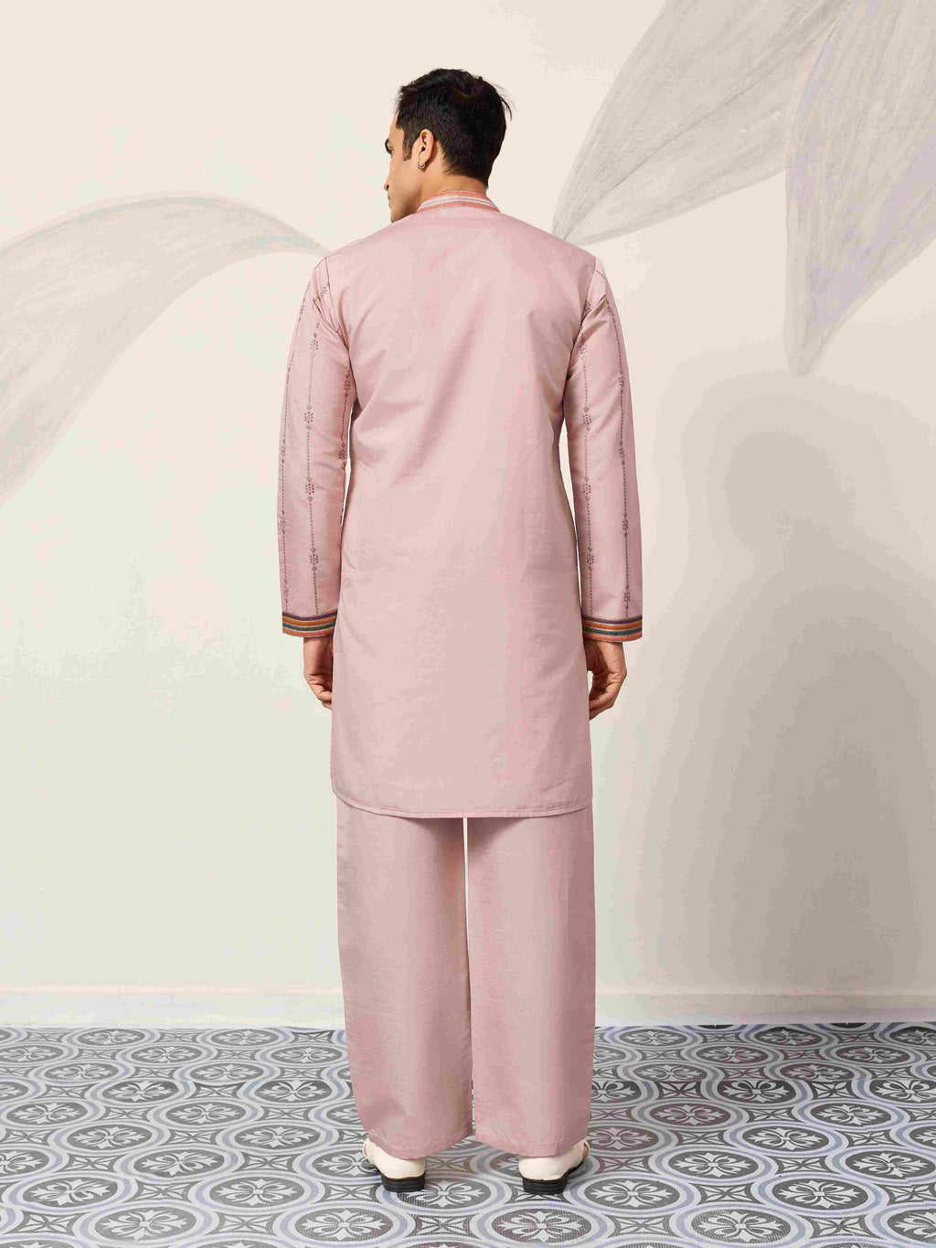 Kurta Classic Pink Embroidered V Neck Kurta Pant Outfit for Mens Wear