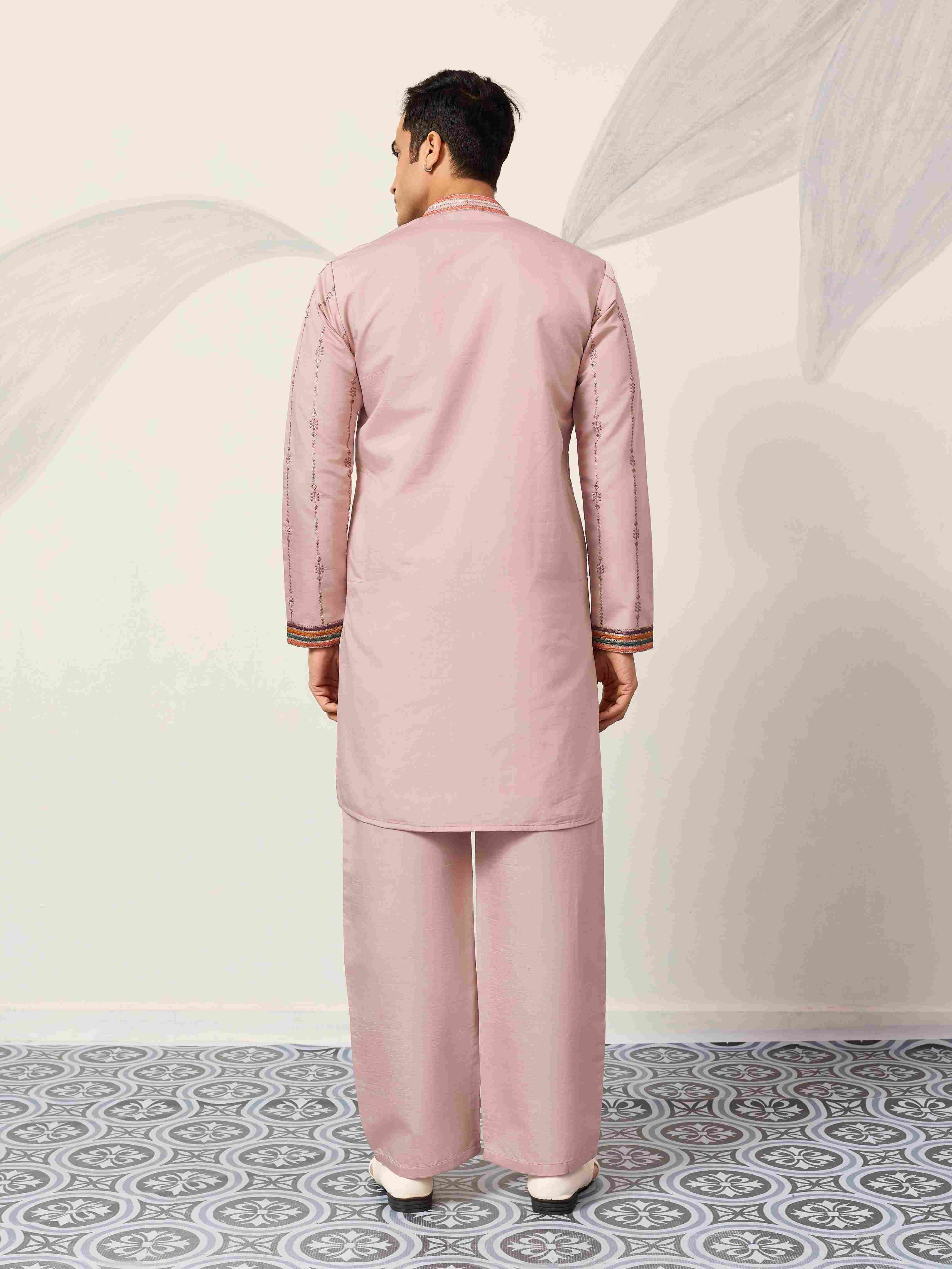 Kurta Classic Pink Embroidered V Neck Kurta Pant Outfit for Mens Wear