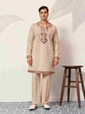 Kurta Premium Beige Embroidered V Neck Kurta Pant Set