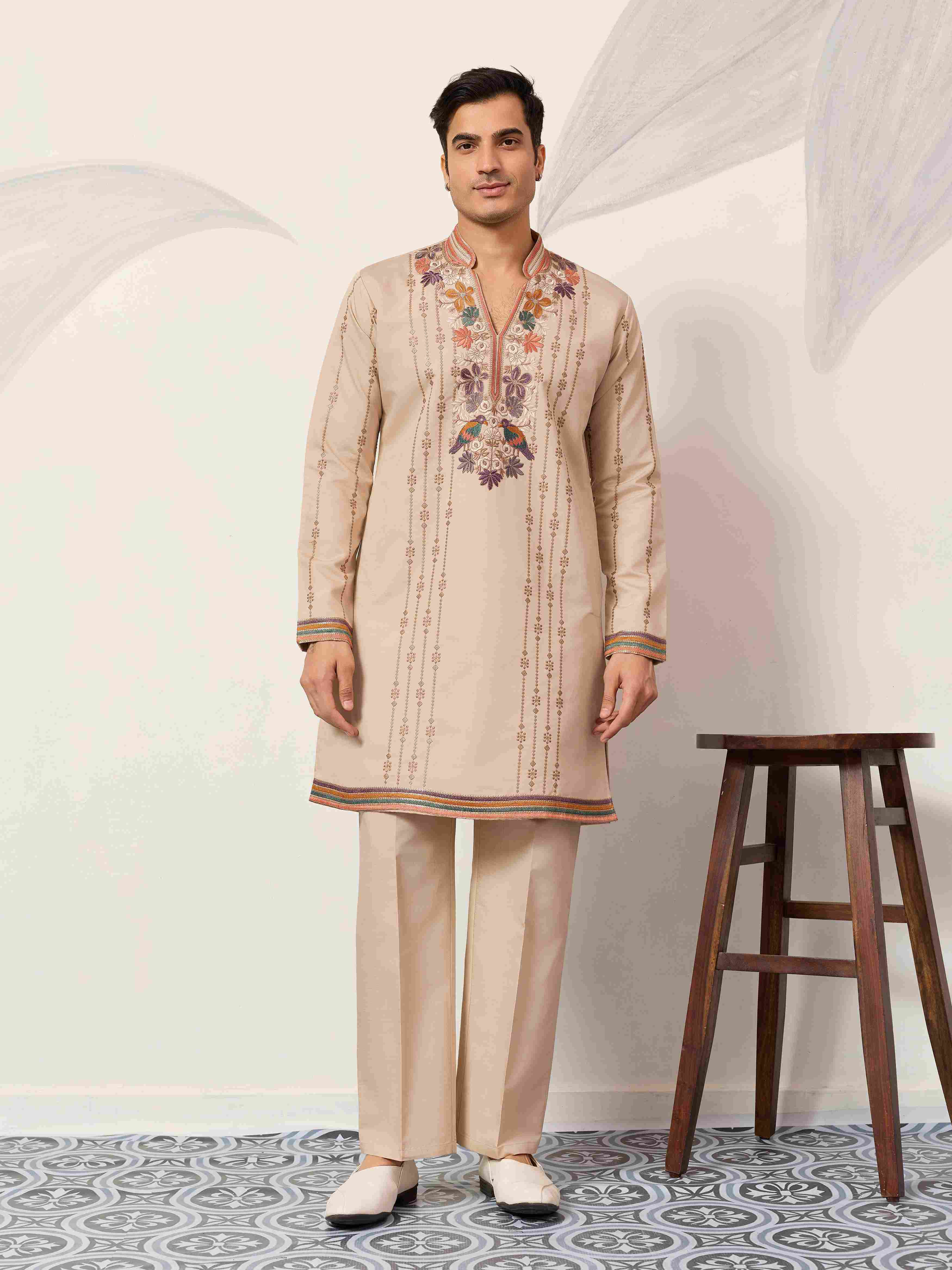 Kurta Premium Beige Embroidered V Neck Kurta Pant Set