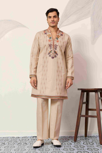 Kurta Premium Beige Embroidered V Neck Kurta Pant Set