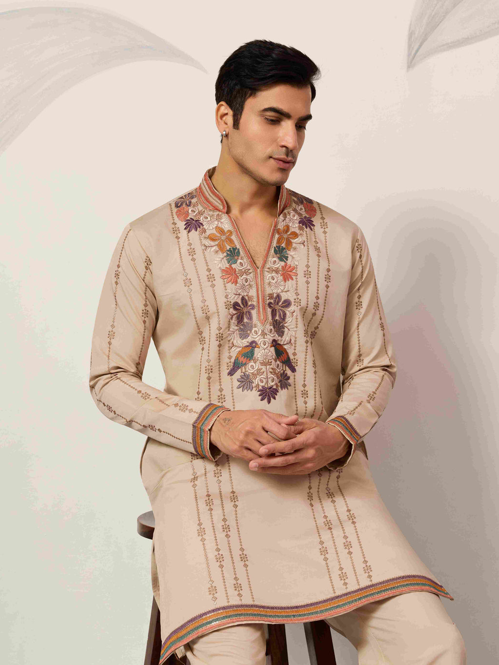 Kurta Premium Beige Embroidered V Neck Kurta Pant Set