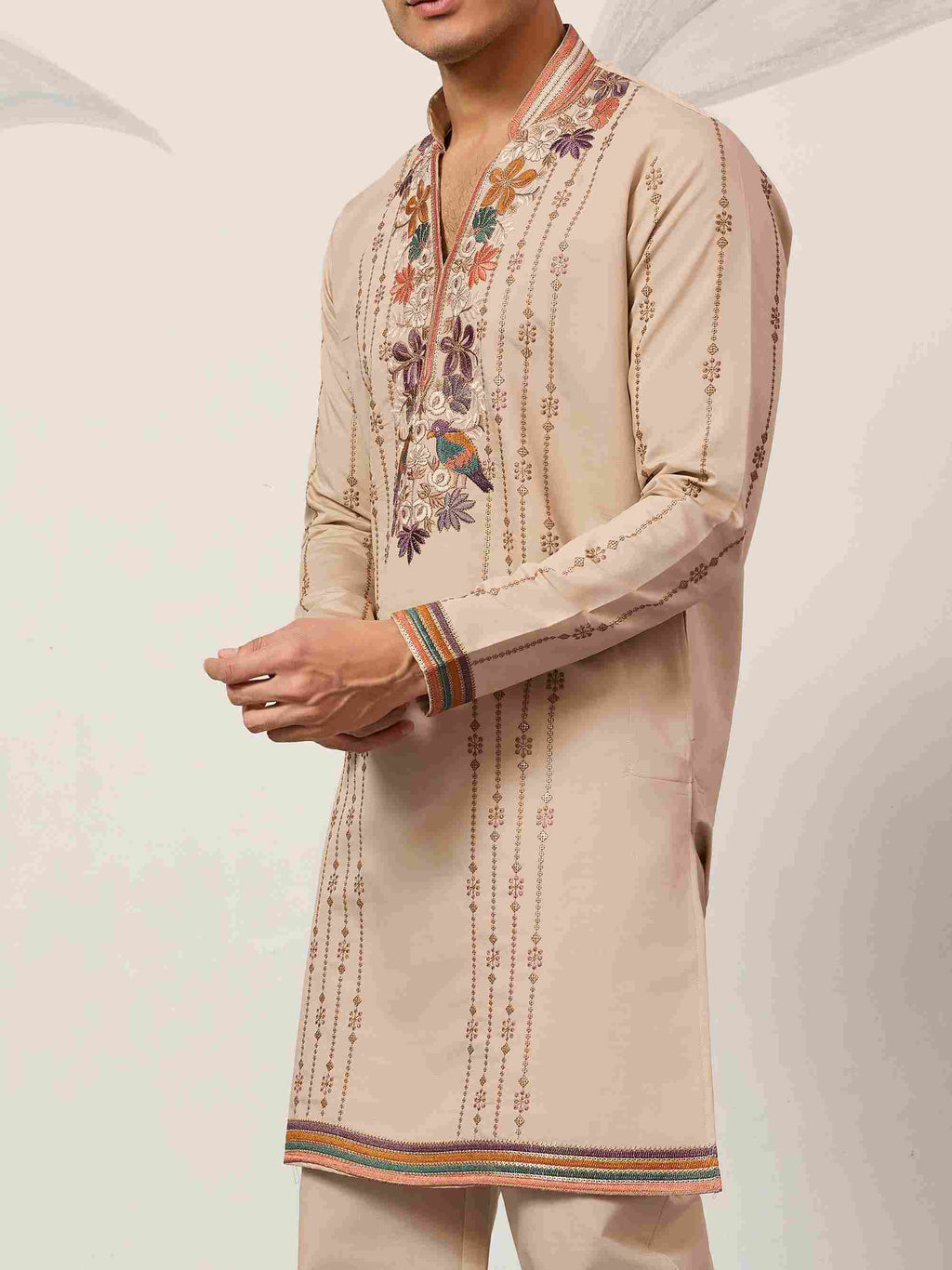 Kurta Premium Beige Embroidered V Neck Kurta Pant Set
