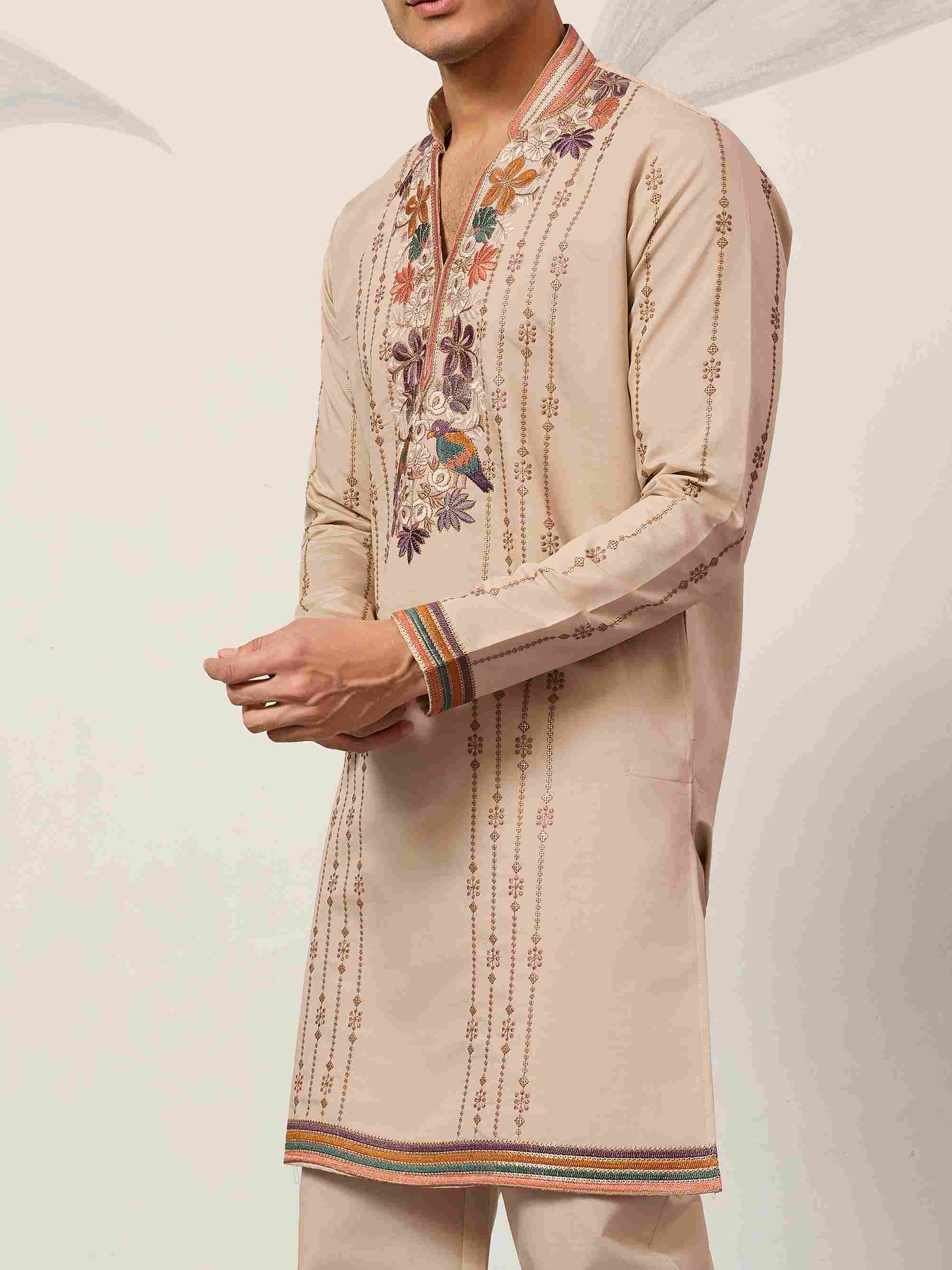 Kurta Premium Beige Embroidered V Neck Kurta Pant Set